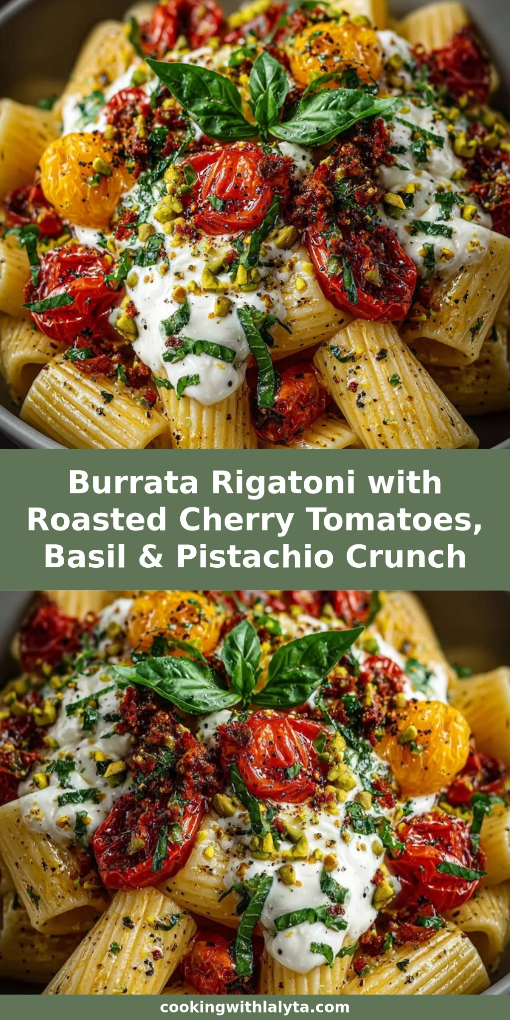 Burrata Rigatoni with Roasted Cherry Tomatoes, Basil & Pistachio Crunch