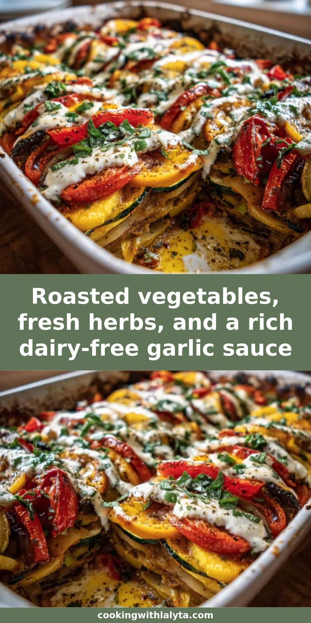 Roasted vegetables, fresh herbs, and a rich dairy-free garlic sauce