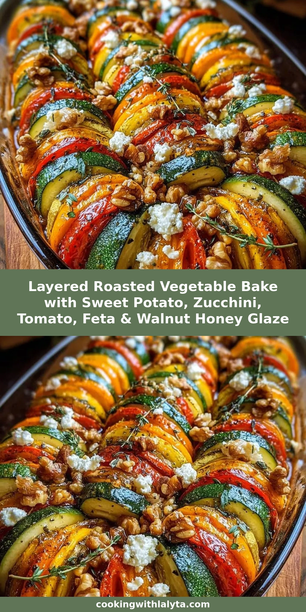 Layered Roasted Vegetable Bake with Sweet Potato, Zucchini, Tomato, Feta & Walnut Honey Glaze