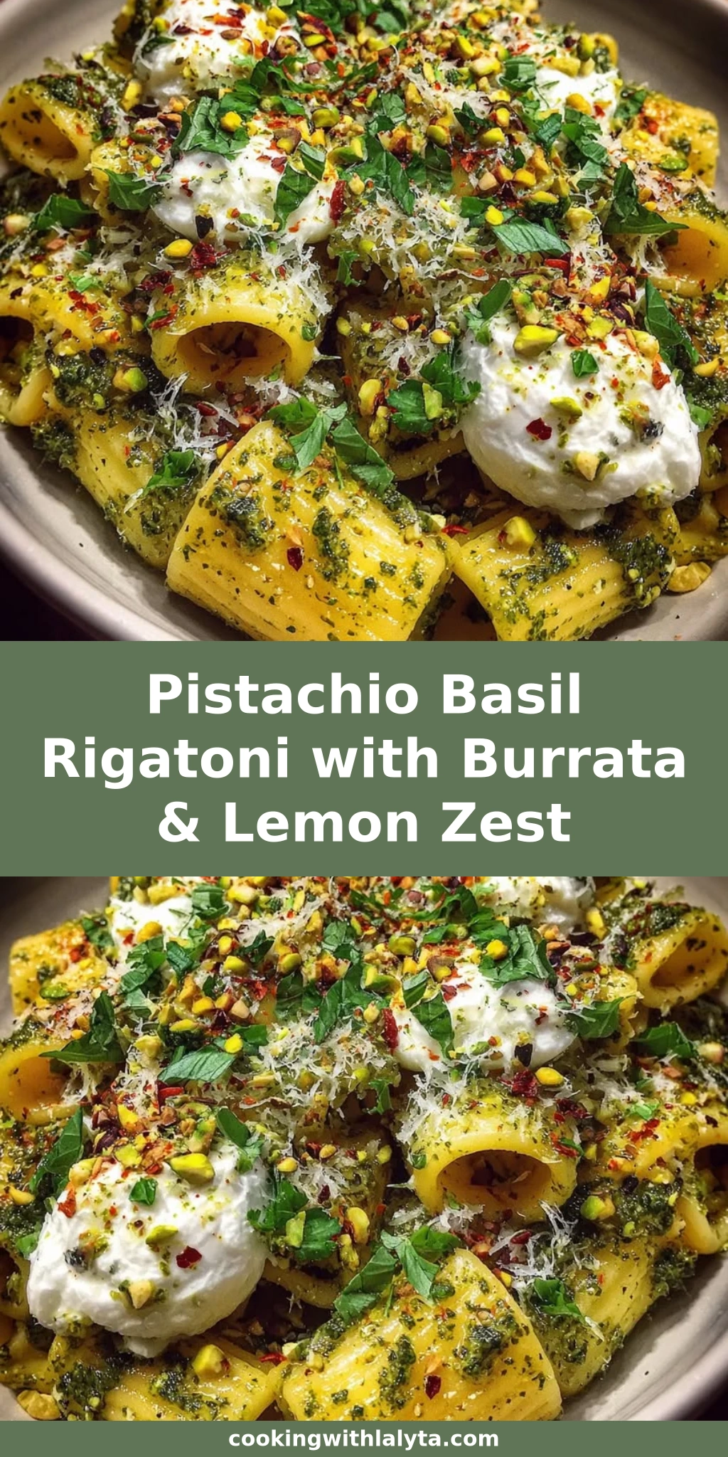 Pistachio Basil Rigatoni with Burrata & Lemon Zest