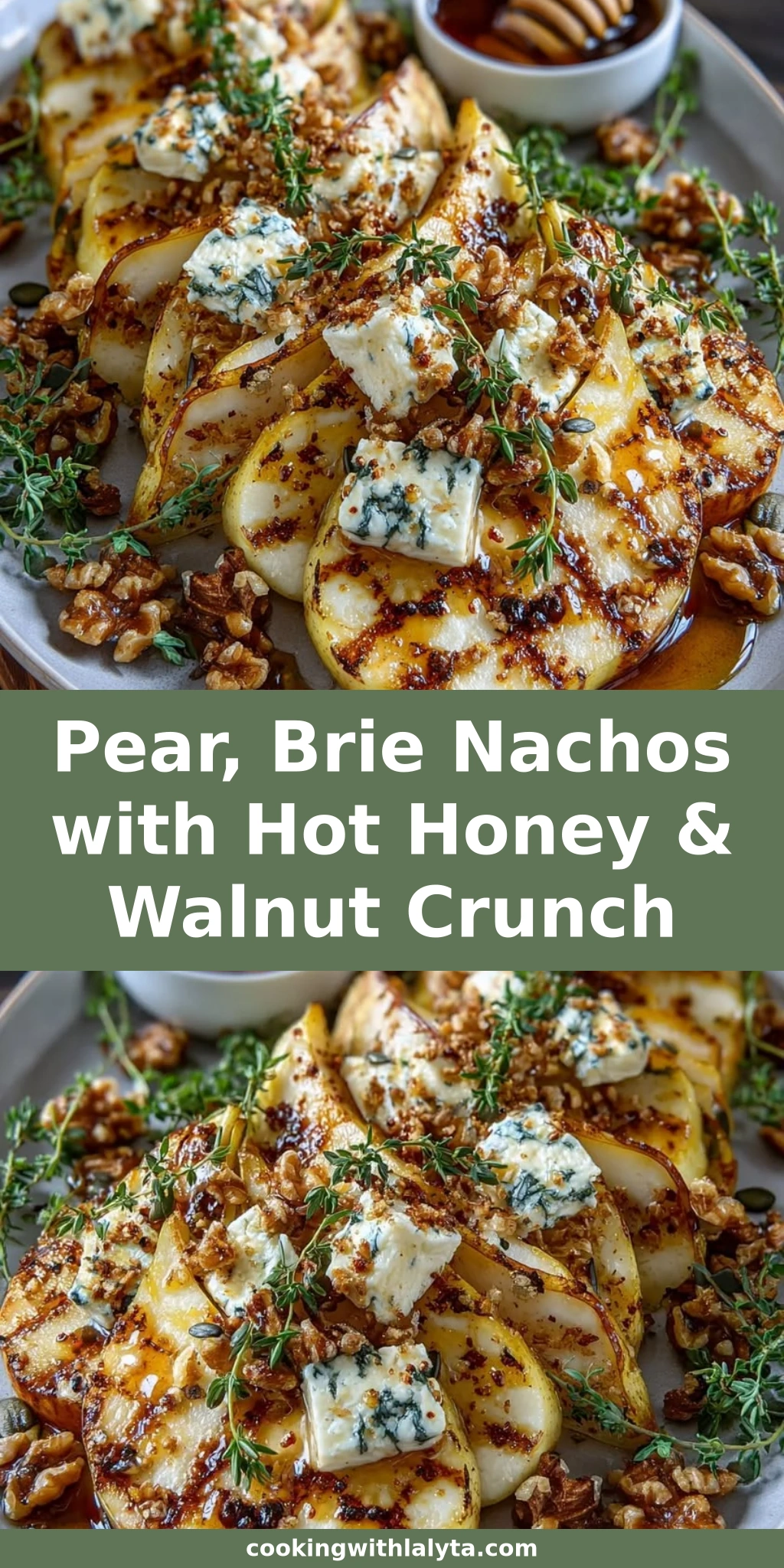 Pear, Brie Nachos with Hot Honey & Walnut Crunch