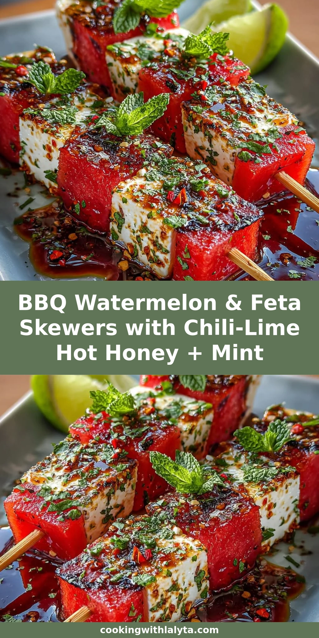 BBQ Watermelon & Feta Skewers with Chili-Lime Hot Honey + Mint