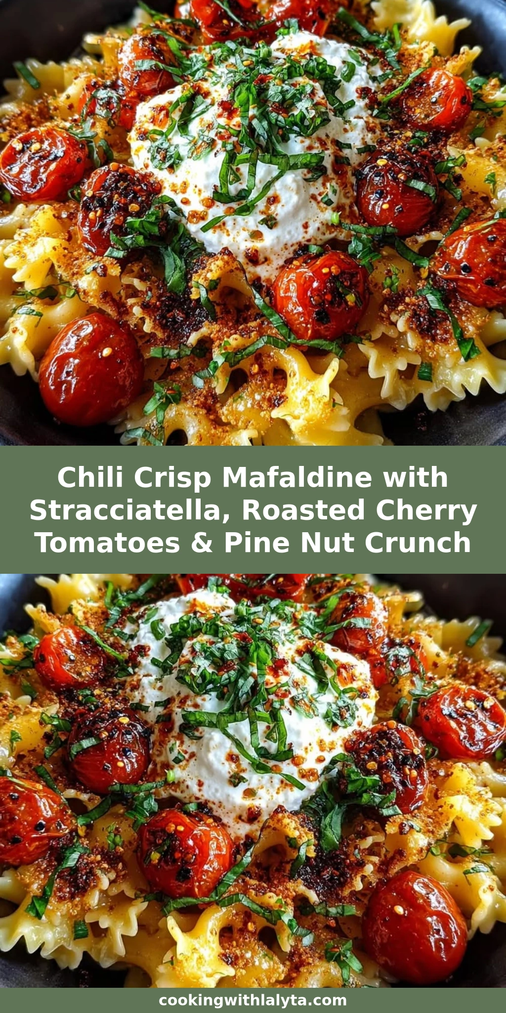 Chili Crisp Mafaldine with Stracciatella, Roasted Cherry Tomatoes & Pine Nut Crunch