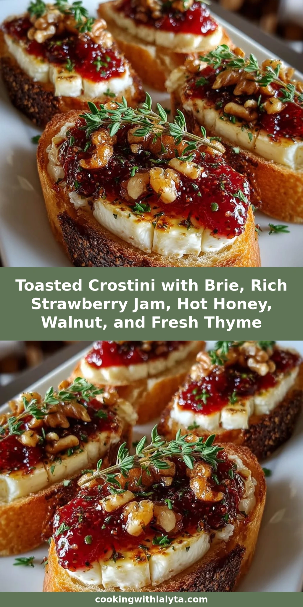 Toasted Crostini with Brie, Rich Strawberry Jam, Hot Honey, Walnut, and Fresh Thyme
