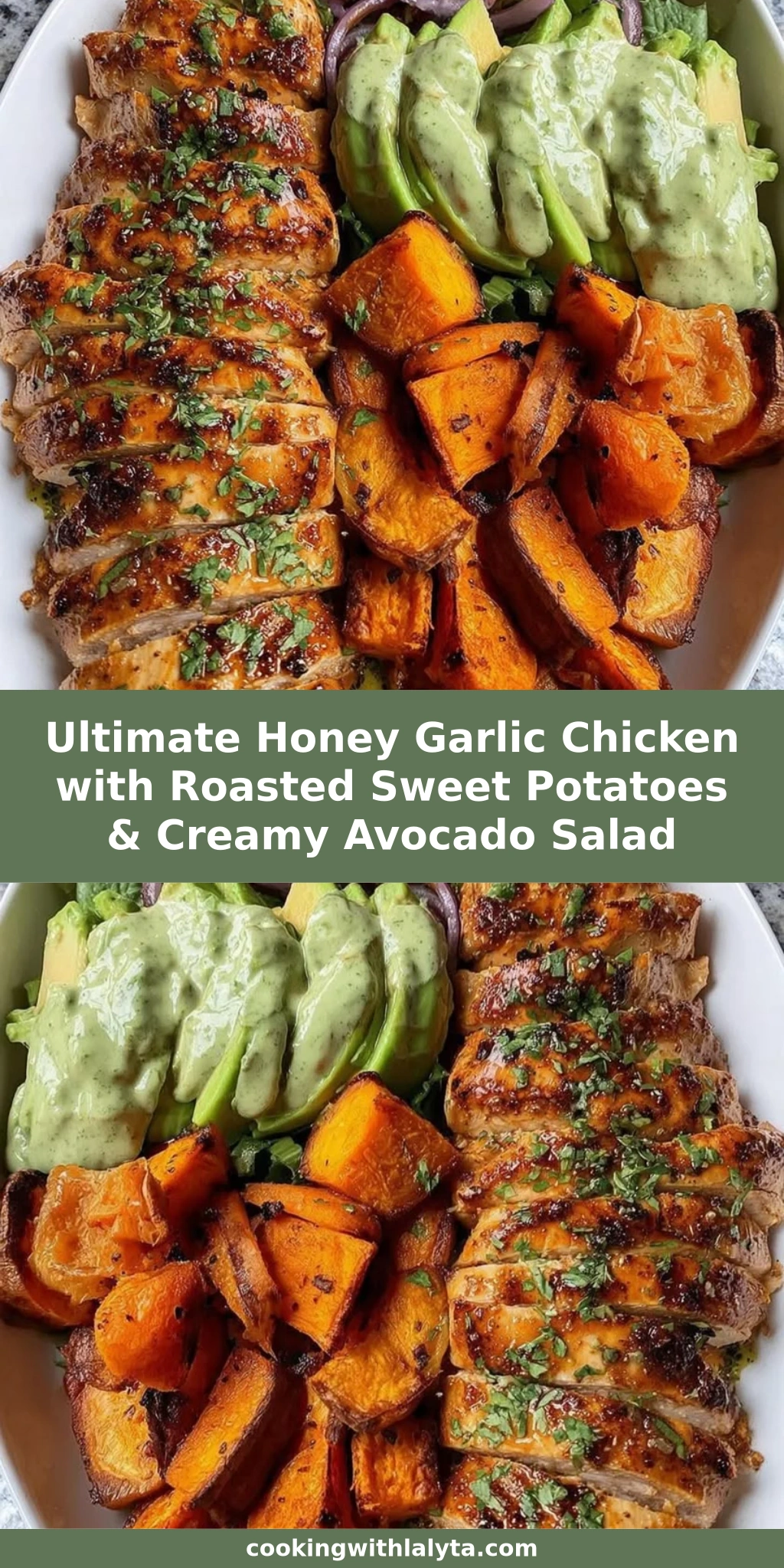 Ultimate Honey Garlic Chicken with Roasted Sweet Potatoes & Creamy Avocado Salad