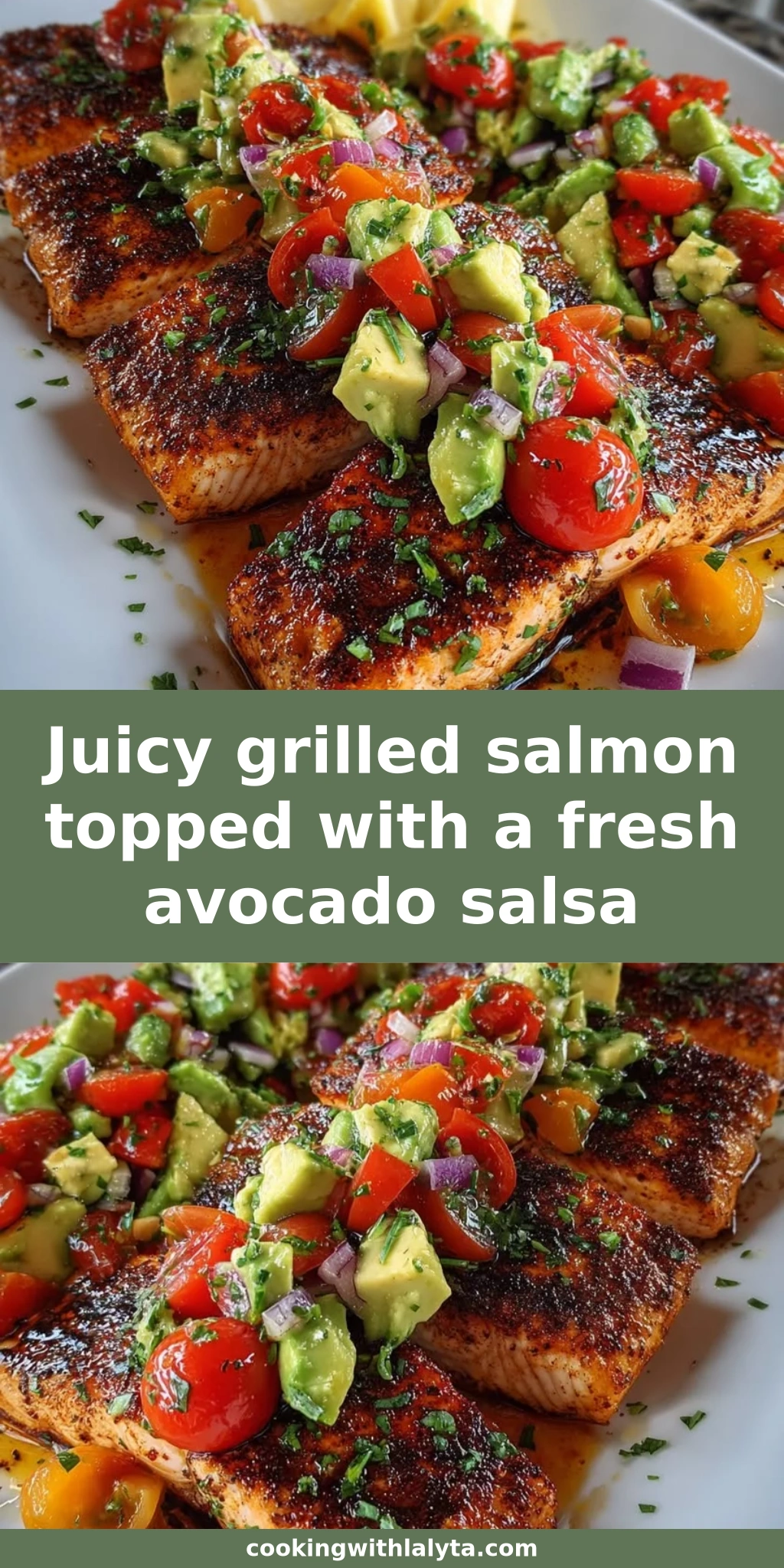 Juicy grilled salmon topped with a fresh avocado salsa
