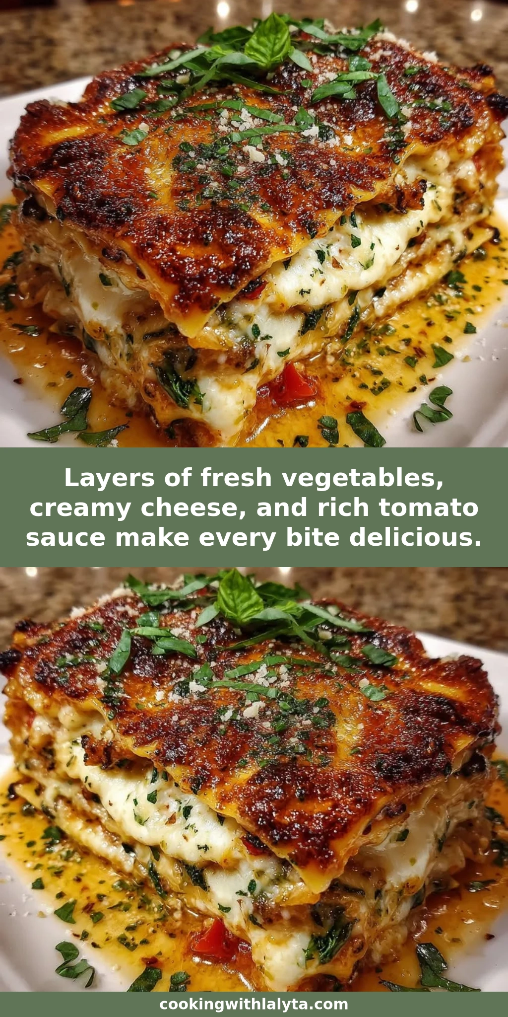 Layers of fresh vegetables, creamy cheese, and rich tomato sauce make every bite delicious.