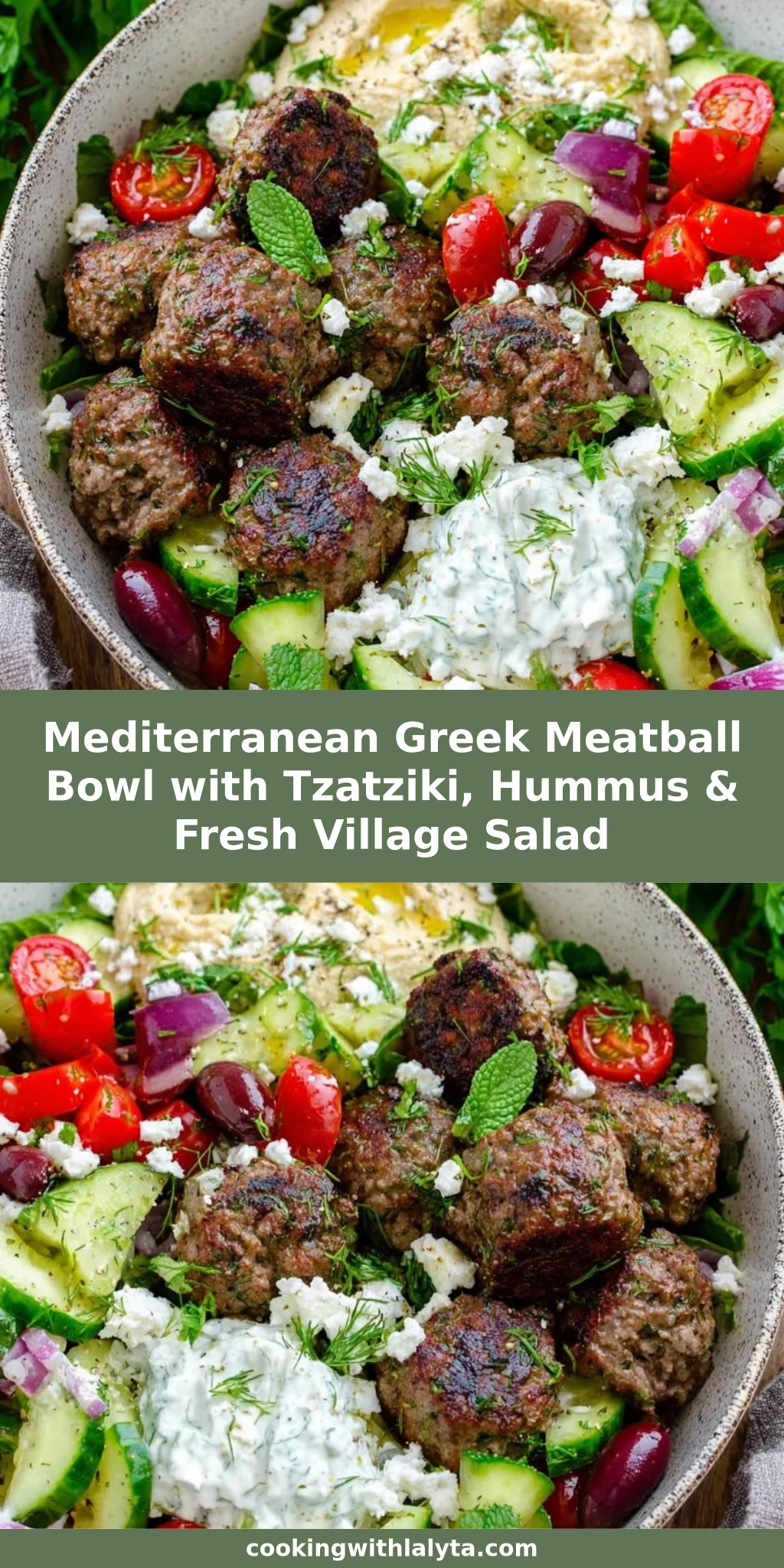 Mediterranean Greek Meatball Bowl with Tzatziki, Hummus & Fresh Village Salad