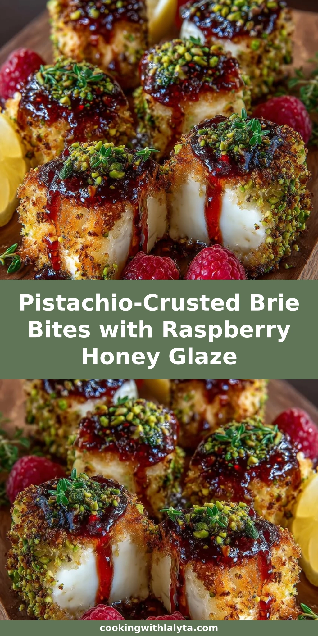 Pistachio-Crusted Brie Bites with Raspberry Honey Glaze
