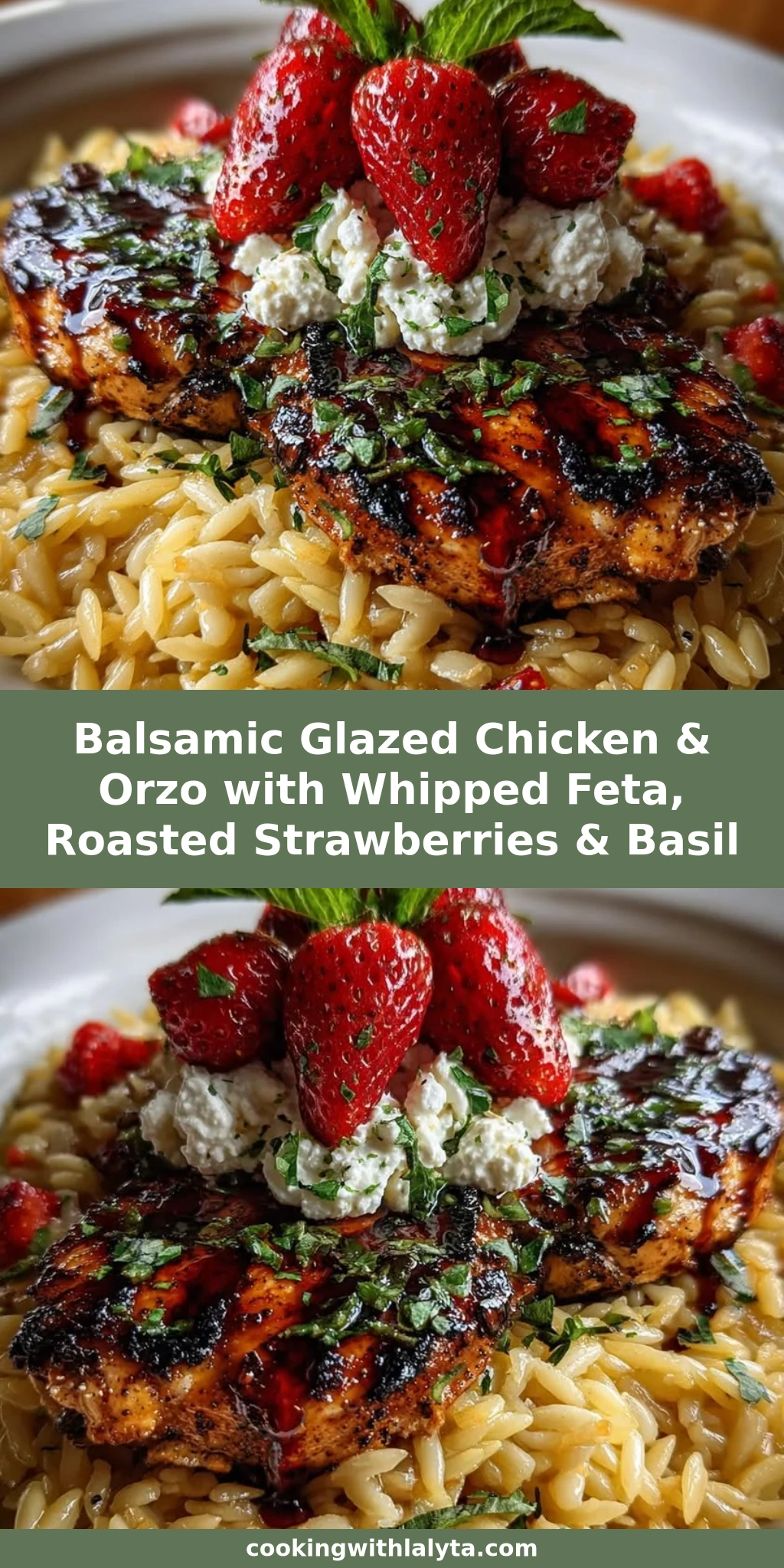 Balsamic Glazed Chicken & Orzo with Whipped Feta, Roasted Strawberries & Basil
