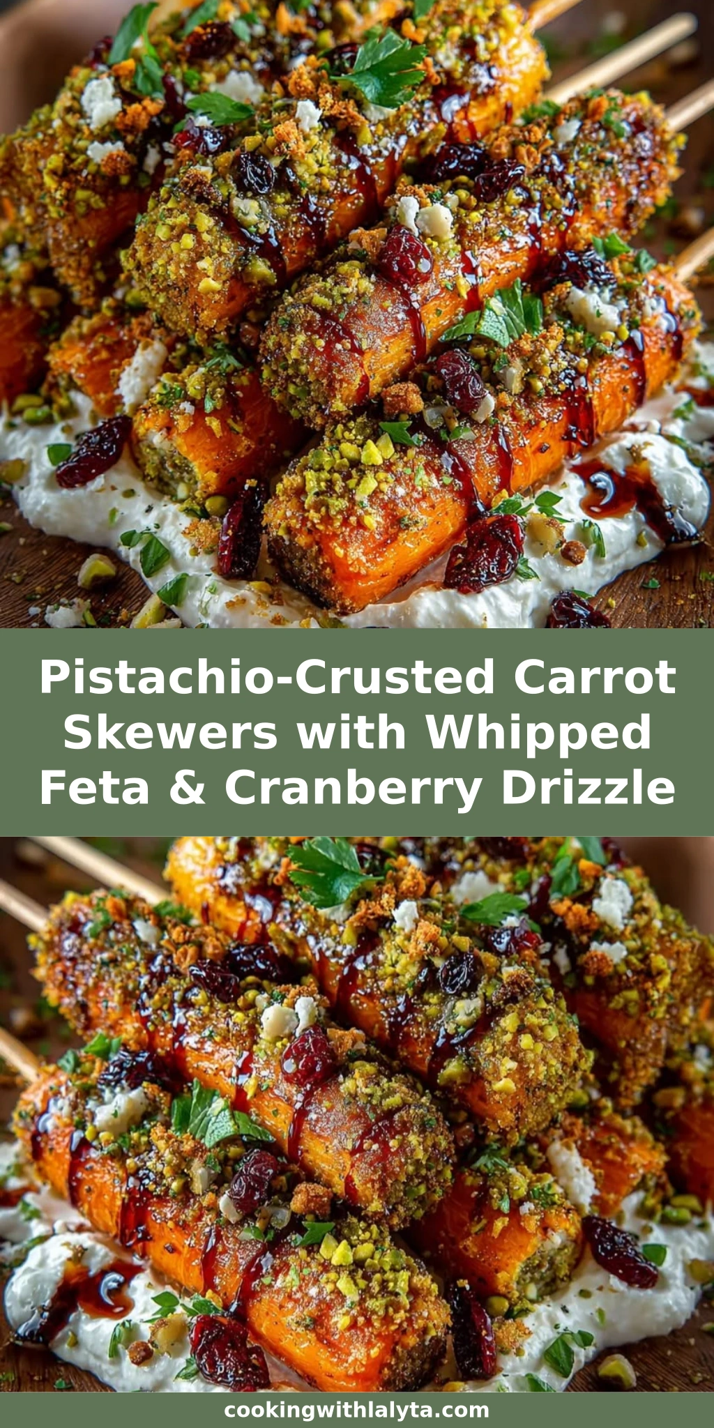 Pistachio-Crusted Carrot Skewers with Whipped Feta & Cranberry Drizzle