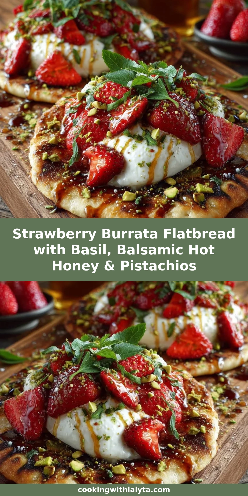 Strawberry Burrata Flatbread with Basil, Balsamic Hot Honey & Pistachios