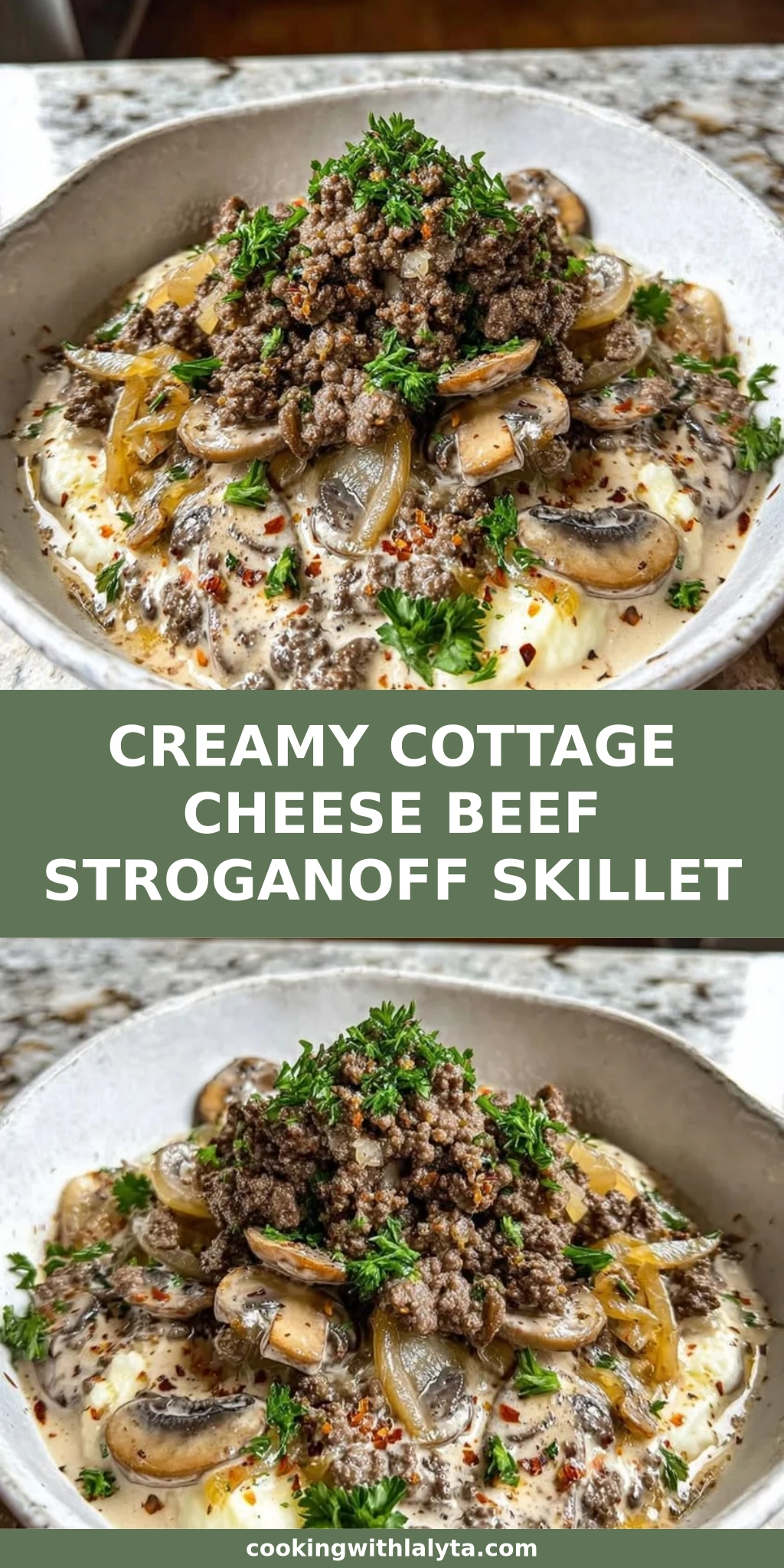 CREAMY COTTAGE CHEESE BEEF STROGANOFF SKILLET