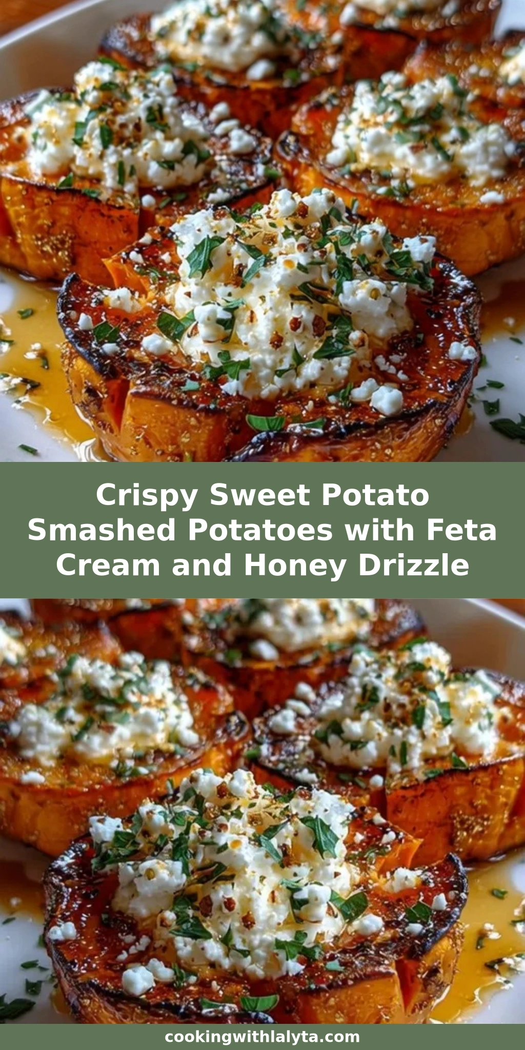 Crispy Sweet Potato Smashed Potatoes with Feta Cream and Honey Drizzle