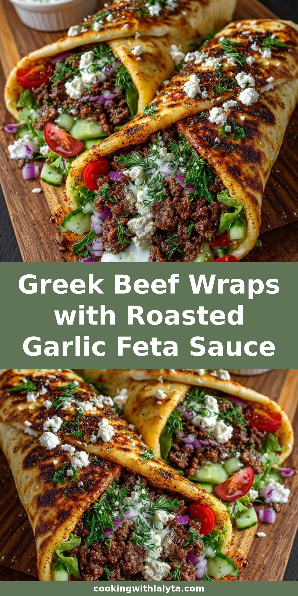 Greek Beef Wraps with Roasted Garlic Feta Sauce