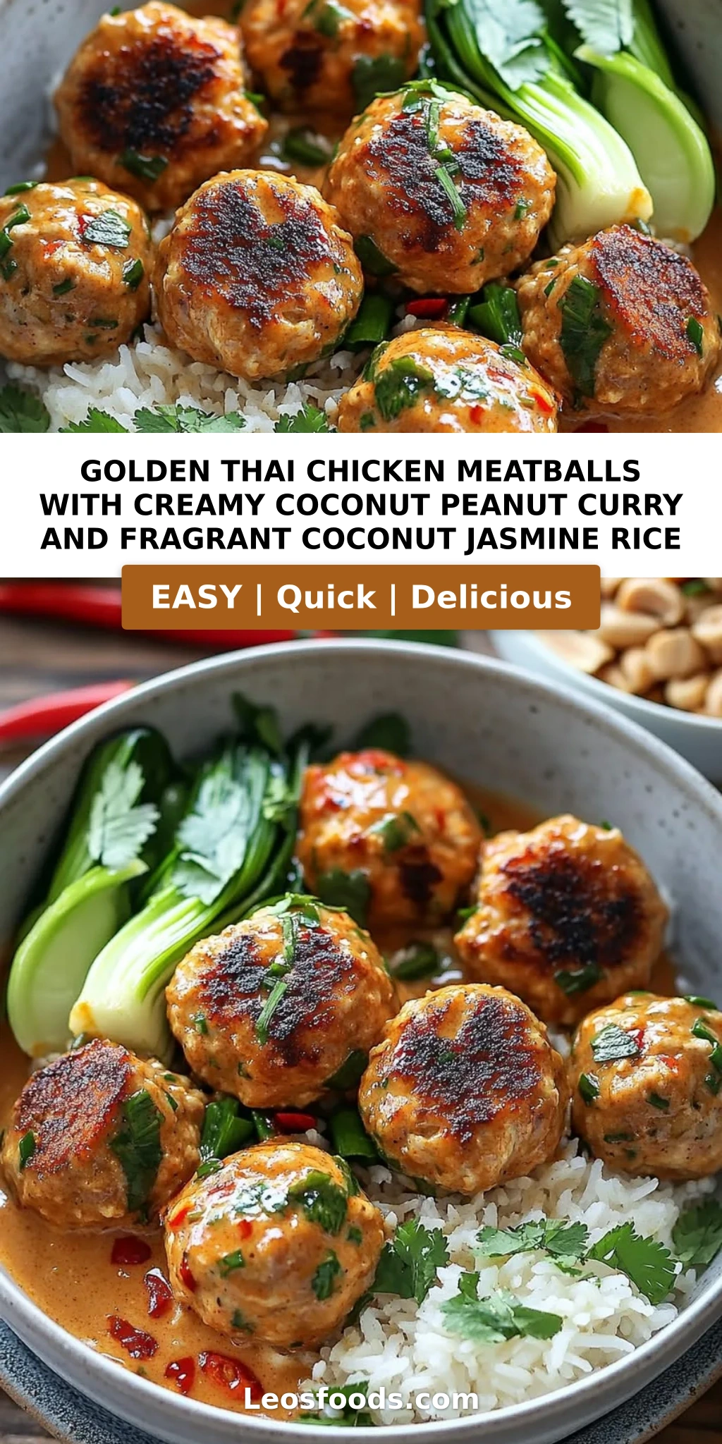 Golden Thai Chicken Meatballs with Creamy Coconut Peanut Curry and Fragrant Coconut Jasmine Rice