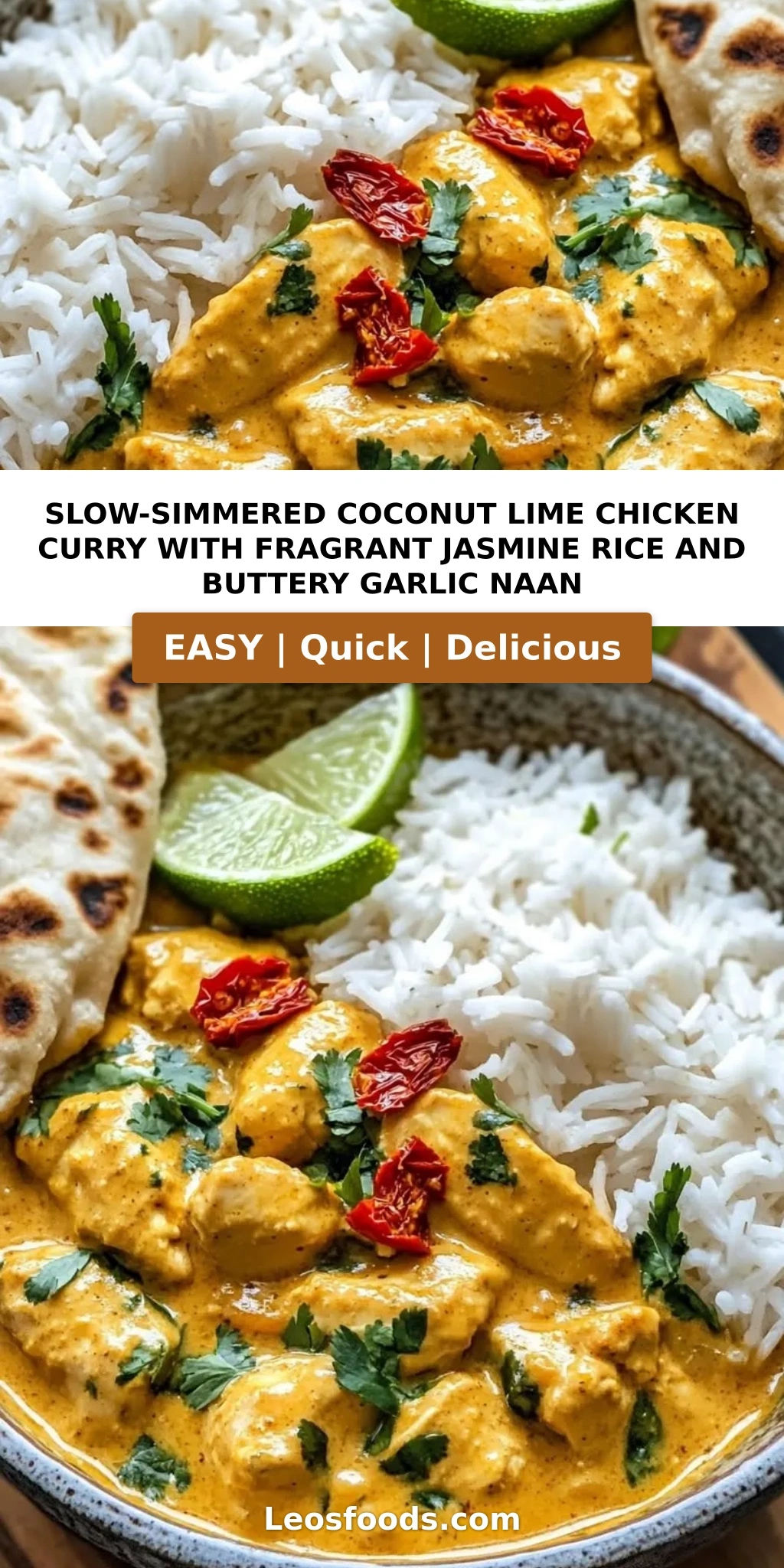 Slow-Simmered Coconut Lime Chicken Curry with Fragrant Jasmine Rice and Buttery Garlic Naan
