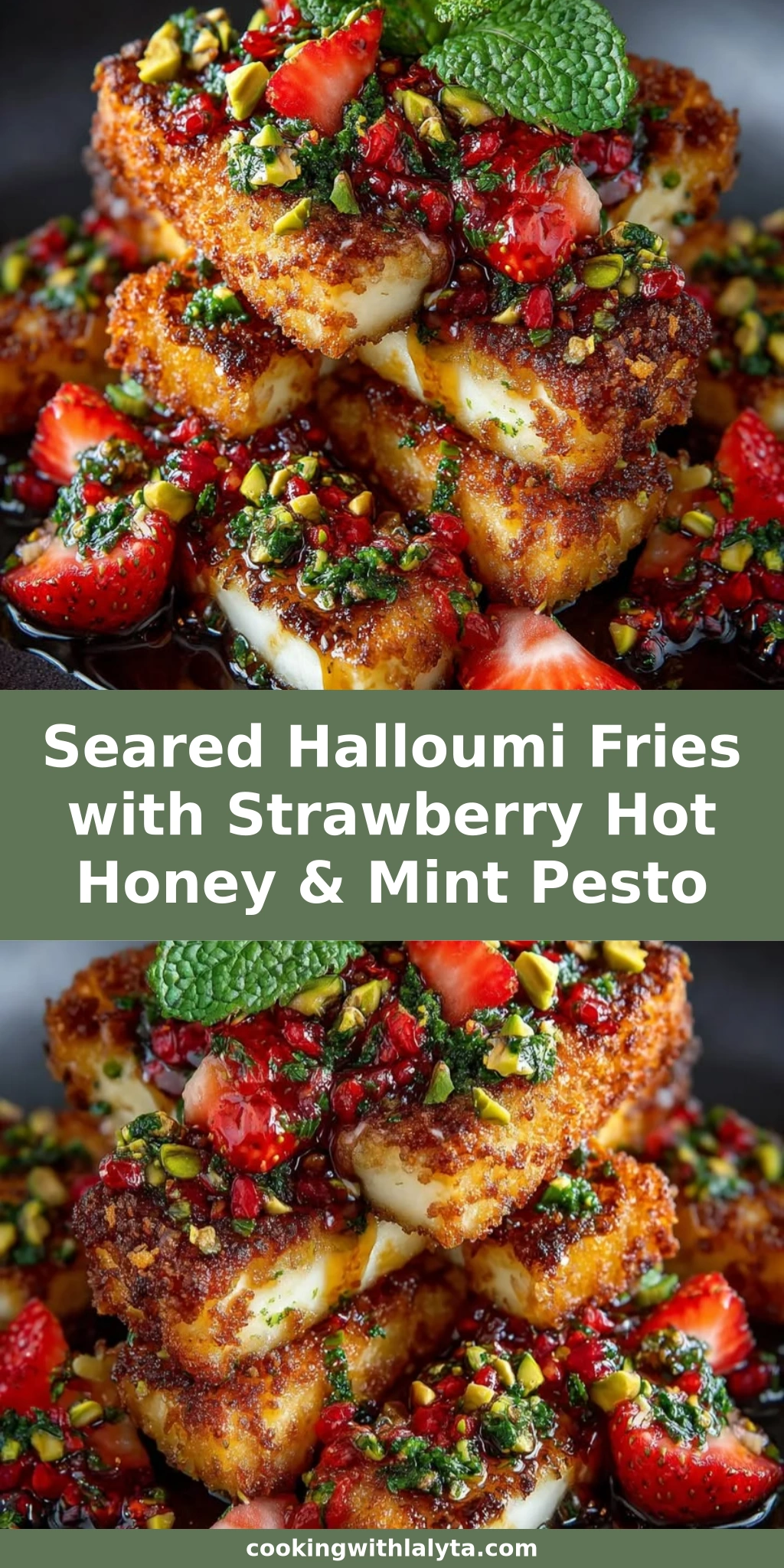Seared Halloumi Fries with Strawberry Hot Honey & Mint Pesto
