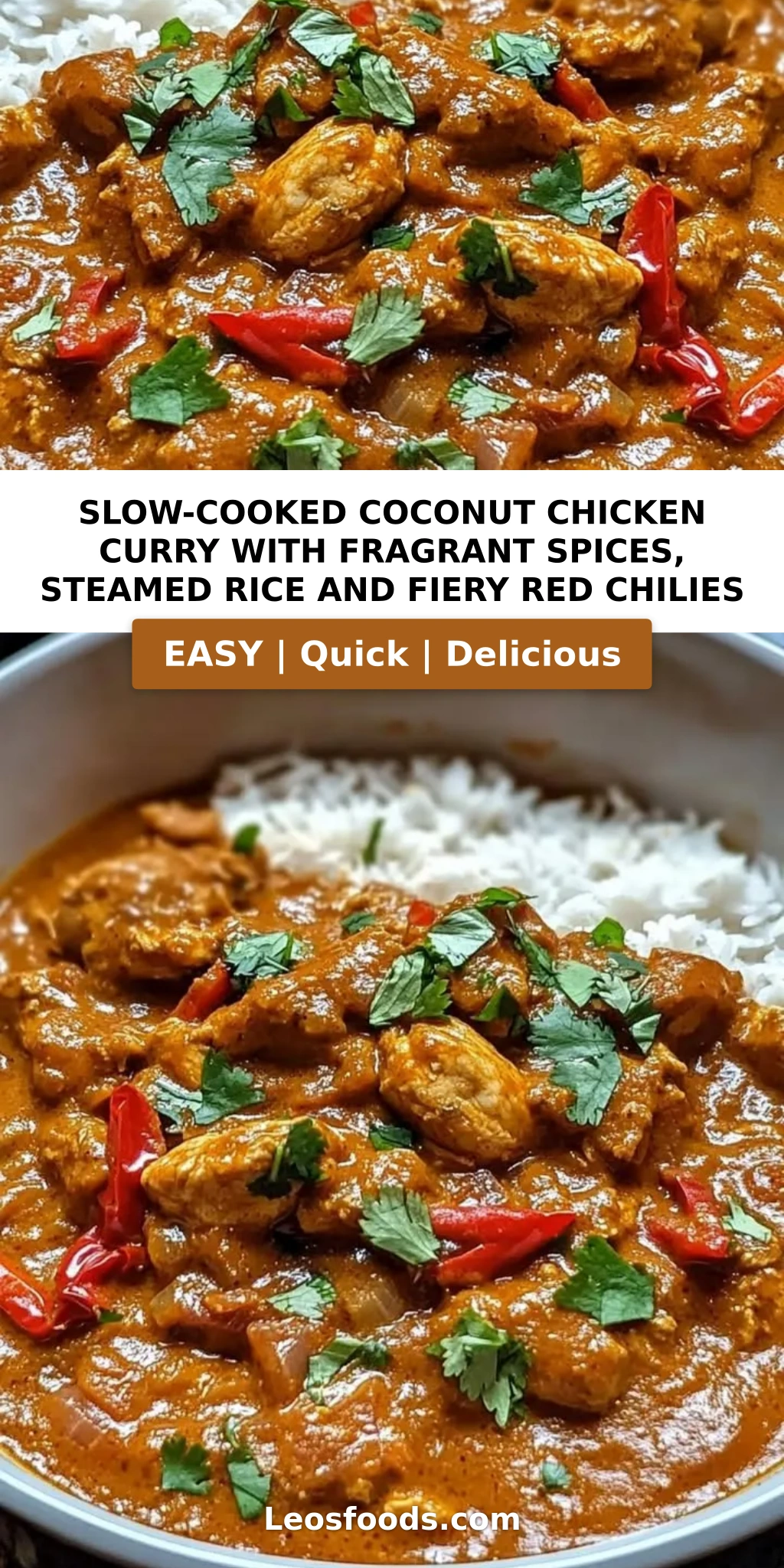 Slow-Cooked Coconut Chicken Curry with Fragrant Spices, Steamed Rice and Fiery Red Chilies