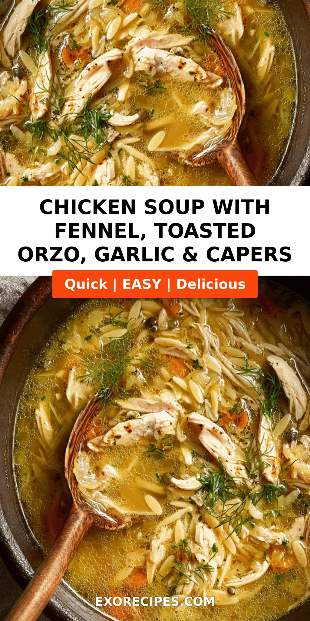 Chicken Soup with Fennel, Toasted Orzo, Extra Garlic & Capers