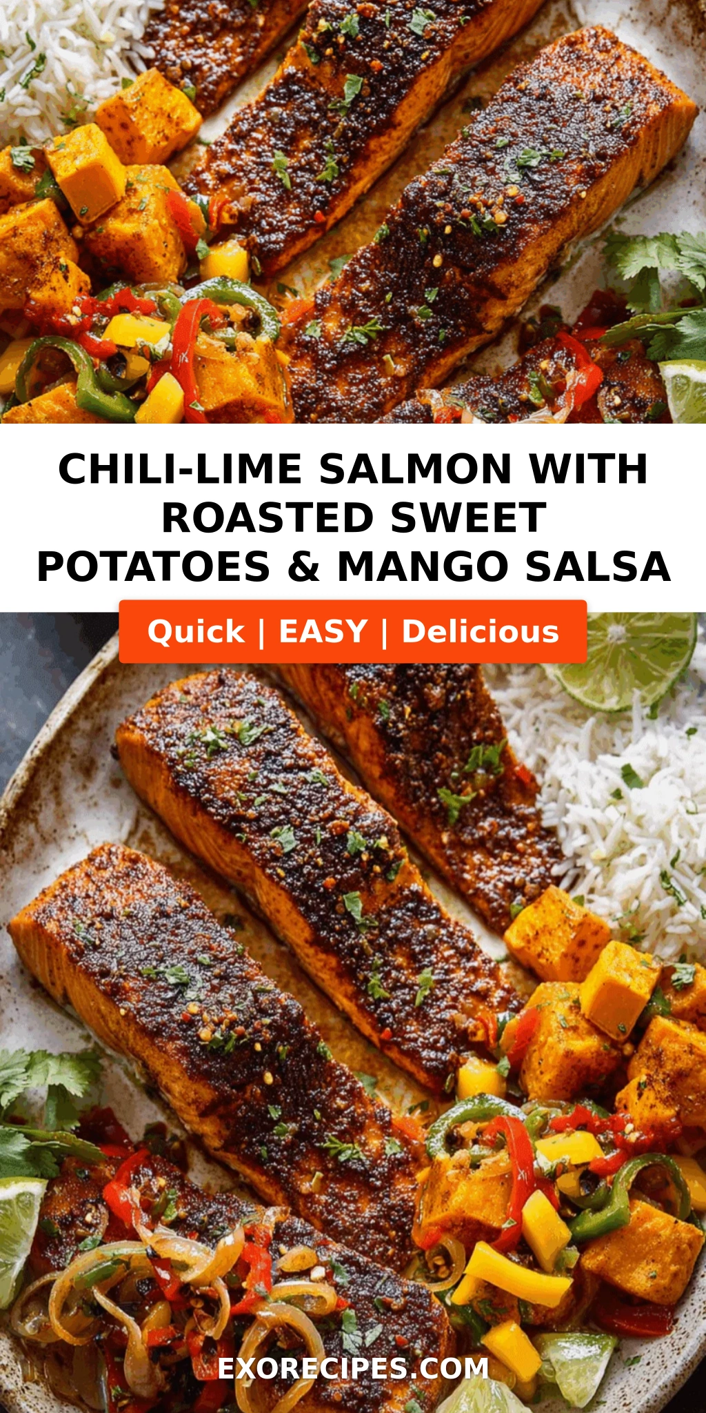 Chili-Lime Salmon with Roasted Sweet Potatoes & Mango Salsa