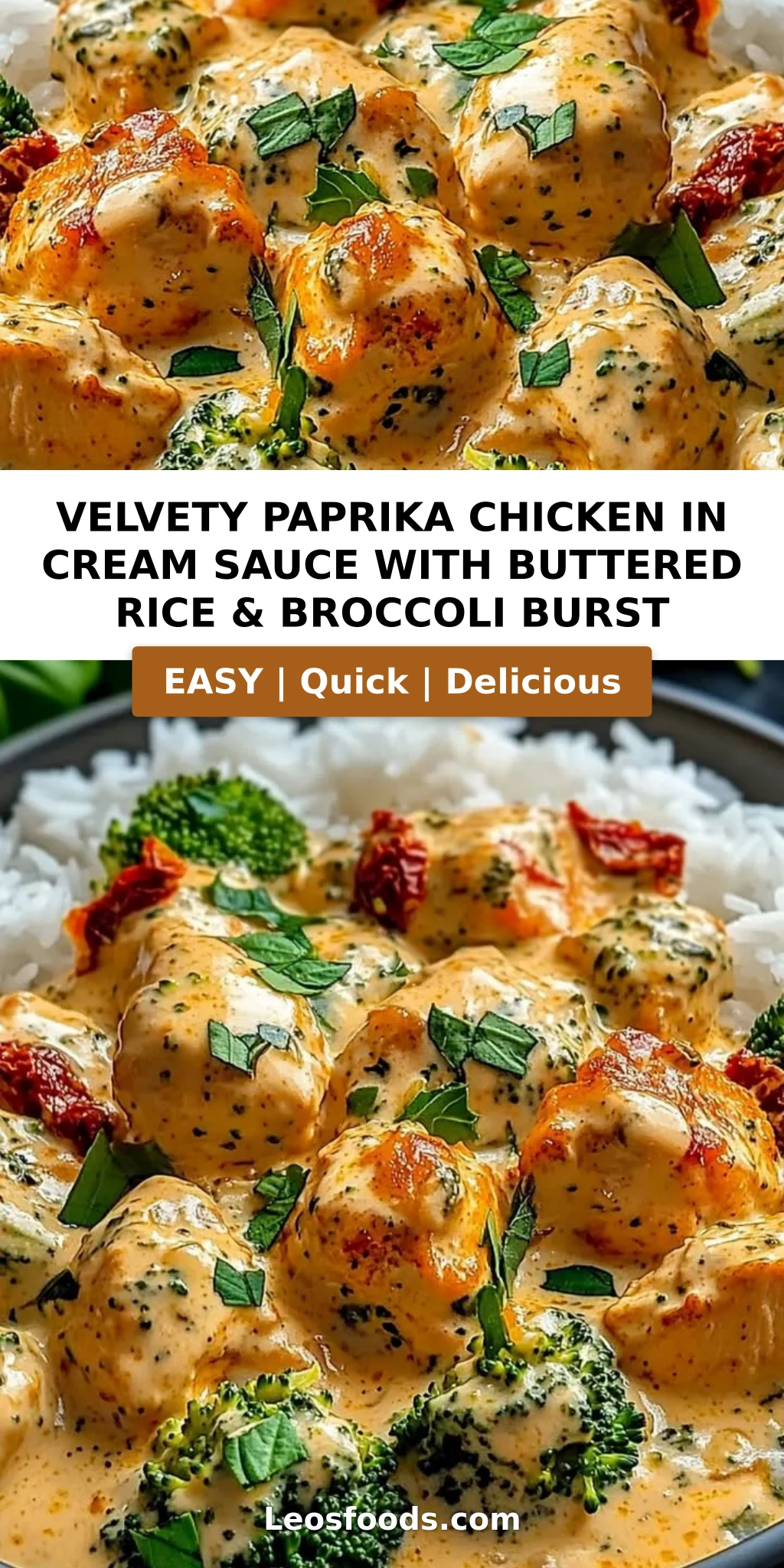 Velvety Paprika Chicken in Cream Sauce with Buttered Rice & Broccoli Burst