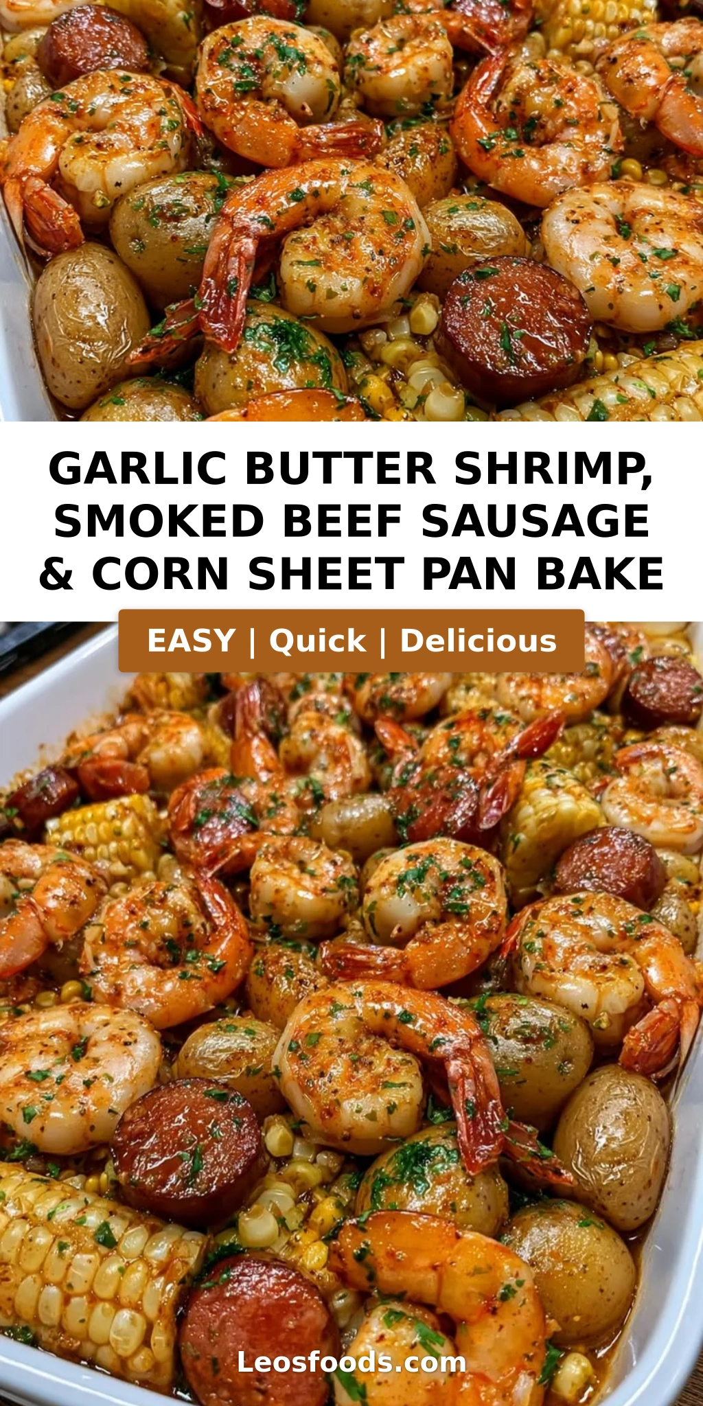 Garlic Butter Shrimp, Smoked Beef Sausage & Corn Sheet Pan Bake