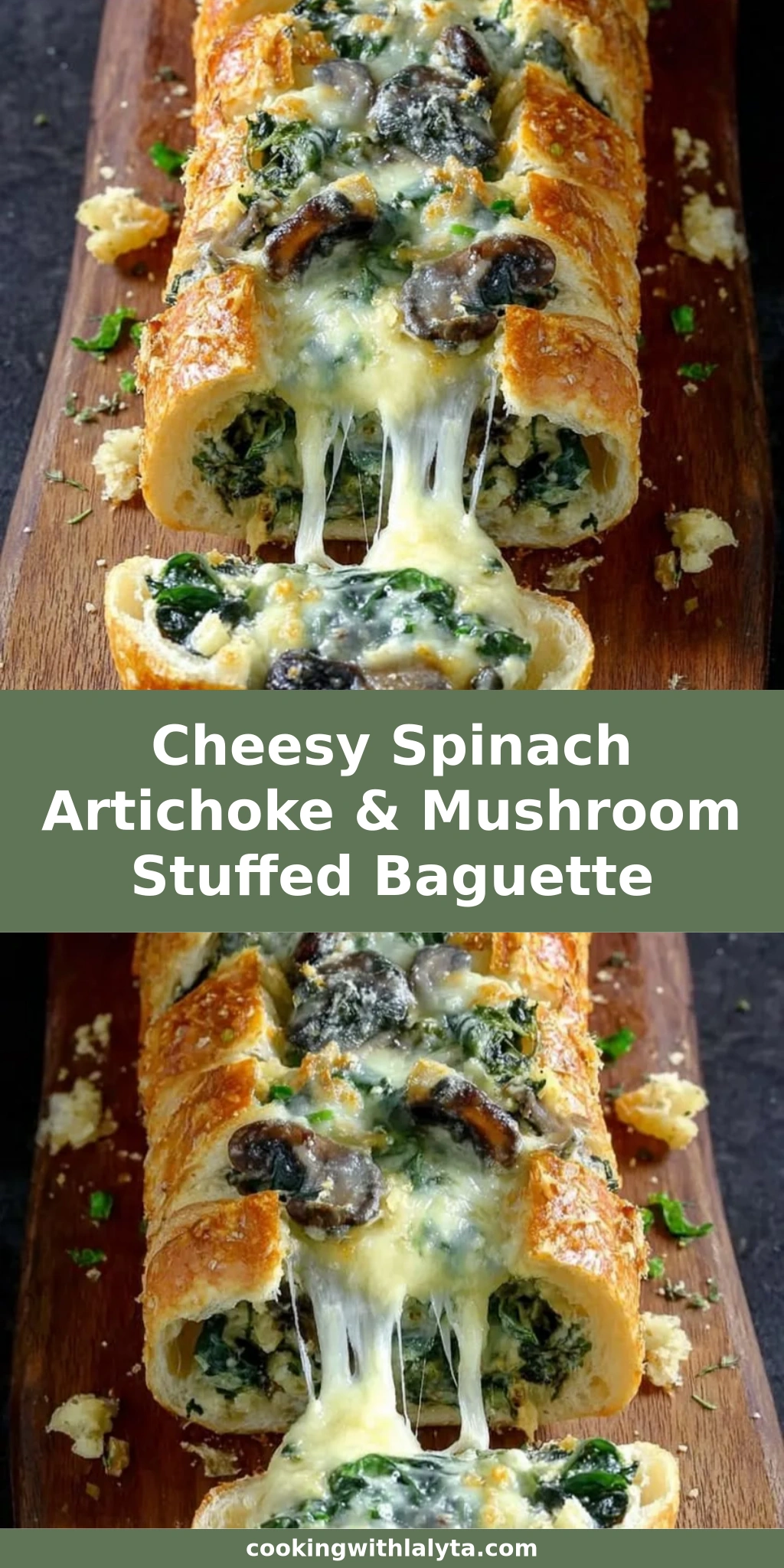 Cheesy Spinach Artichoke & Mushroom Stuffed Baguette