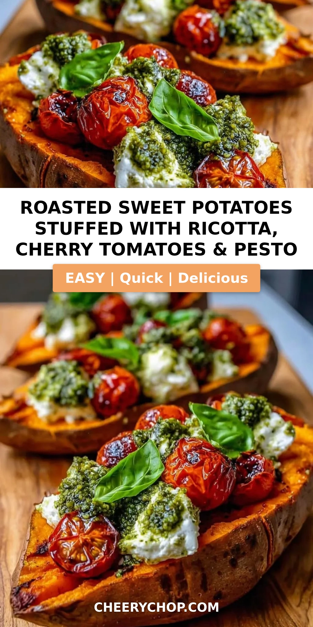 Roasted Sweet Potatoes Stuffed with Ricotta, Cherry Tomatoes & Pesto