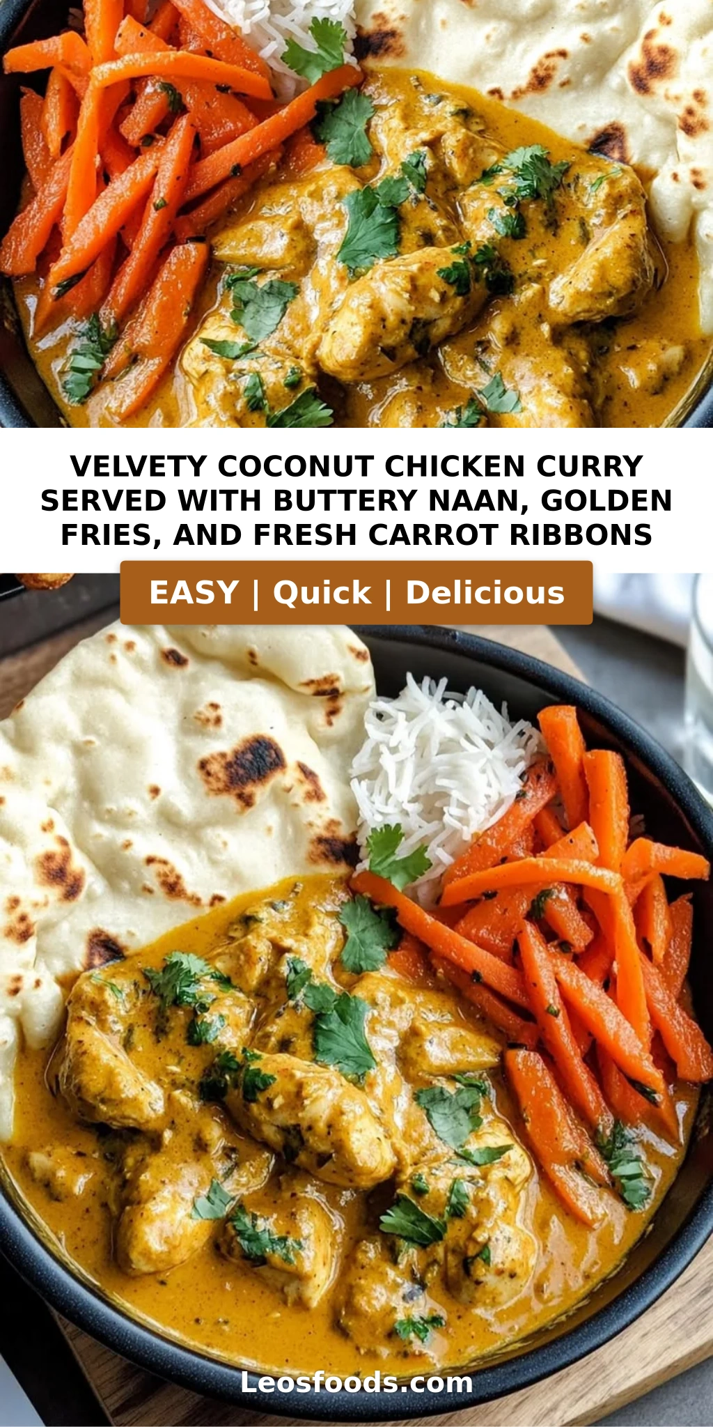 Velvety Coconut Chicken Curry Served with Buttery Naan, Golden Fries, and Fresh Carrot Ribbons