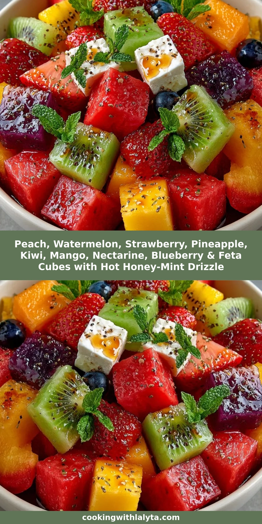 Peach, Watermelon, Strawberry, Pineapple, Kiwi, Mango, Nectarine, Blueberry & Feta Cubes with Hot Honey-Mint Drizzle