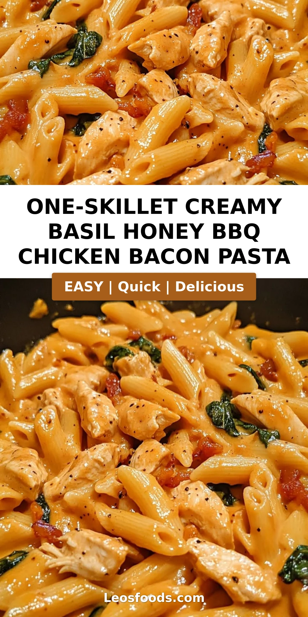 One-Skillet Creamy Basil Honey BBQ Chicken Bacon Pasta