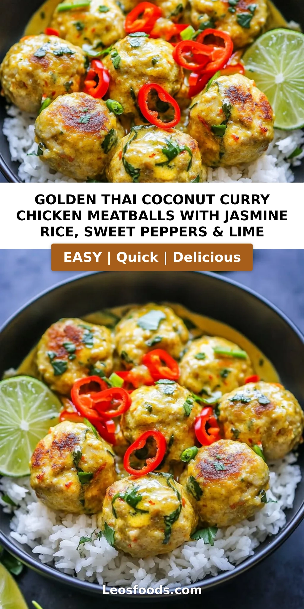 Golden Thai Coconut Curry Chicken Meatballs with Jasmine Rice, Sweet Peppers & Lime
