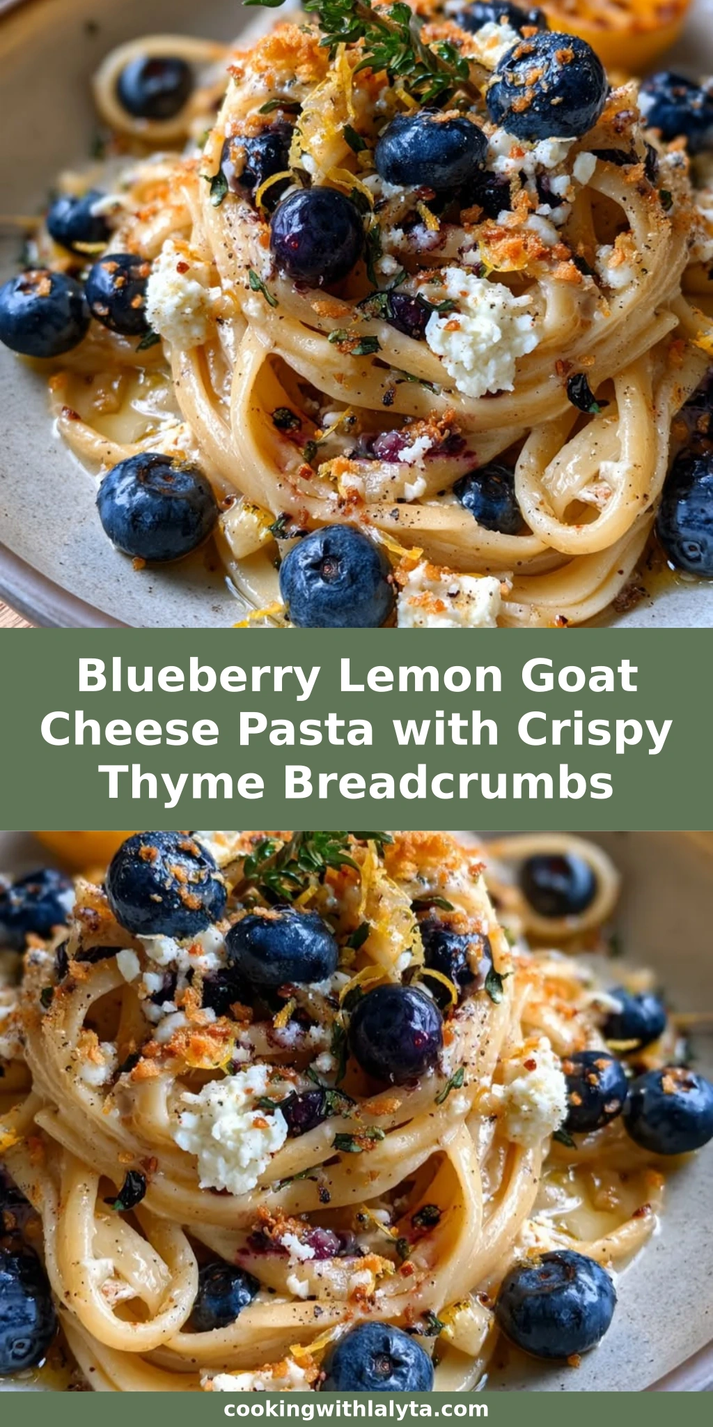 Blueberry Lemon Goat Cheese Pasta with Crispy Thyme Breadcrumbs