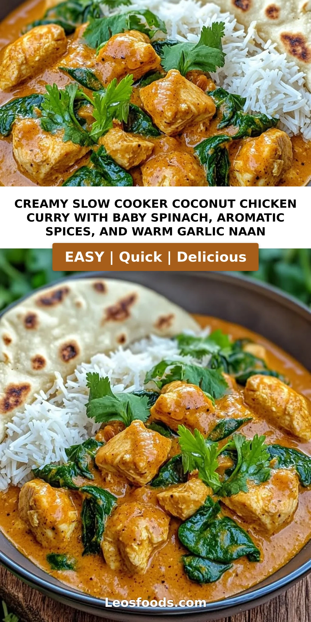 Creamy Slow Cooker Coconut Chicken Curry with Baby Spinach, Aromatic Spices, and Warm Garlic Naan