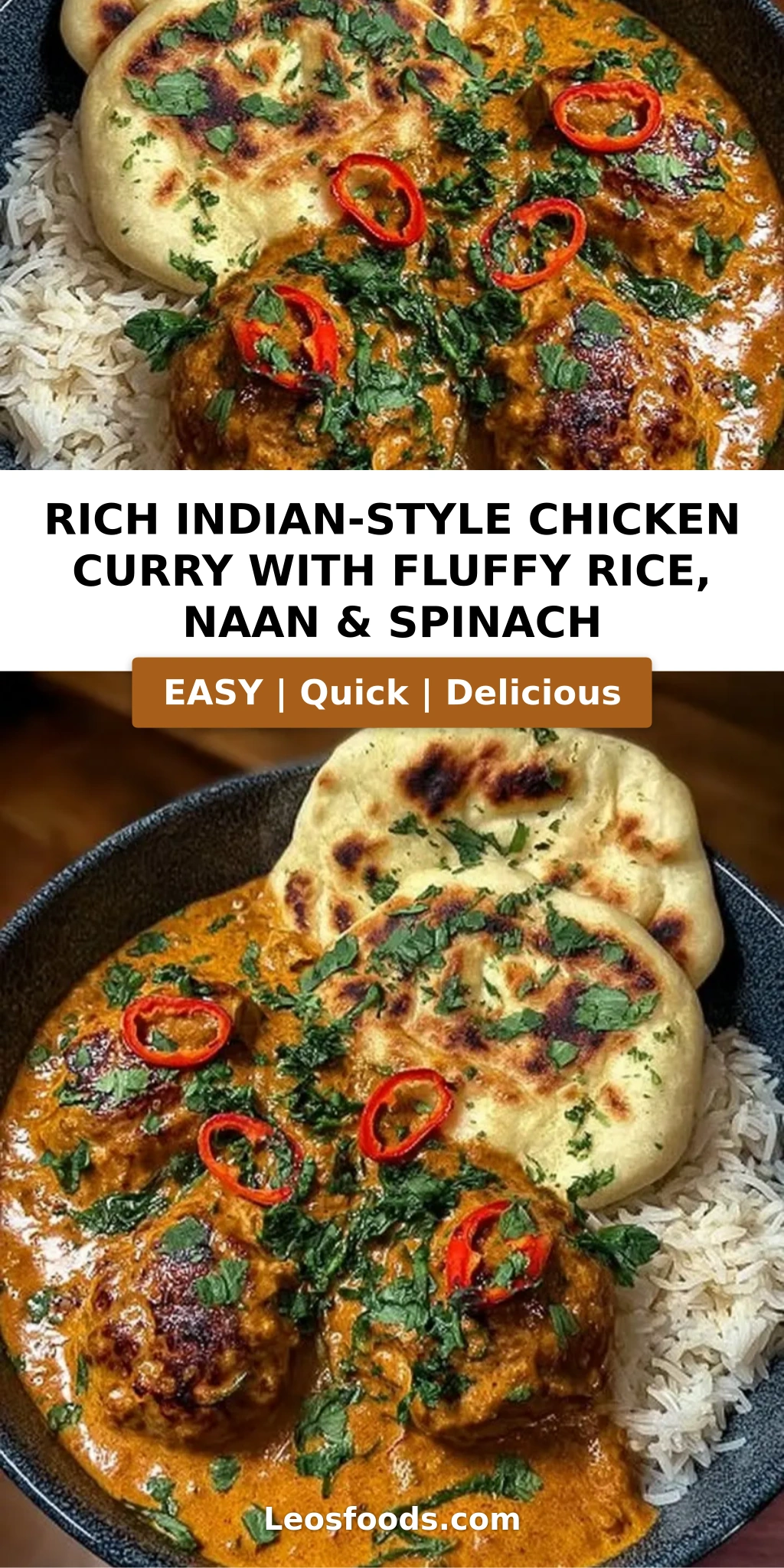 Rich Indian-Style Chicken Curry with Fluffy Rice, Naan & Spinach