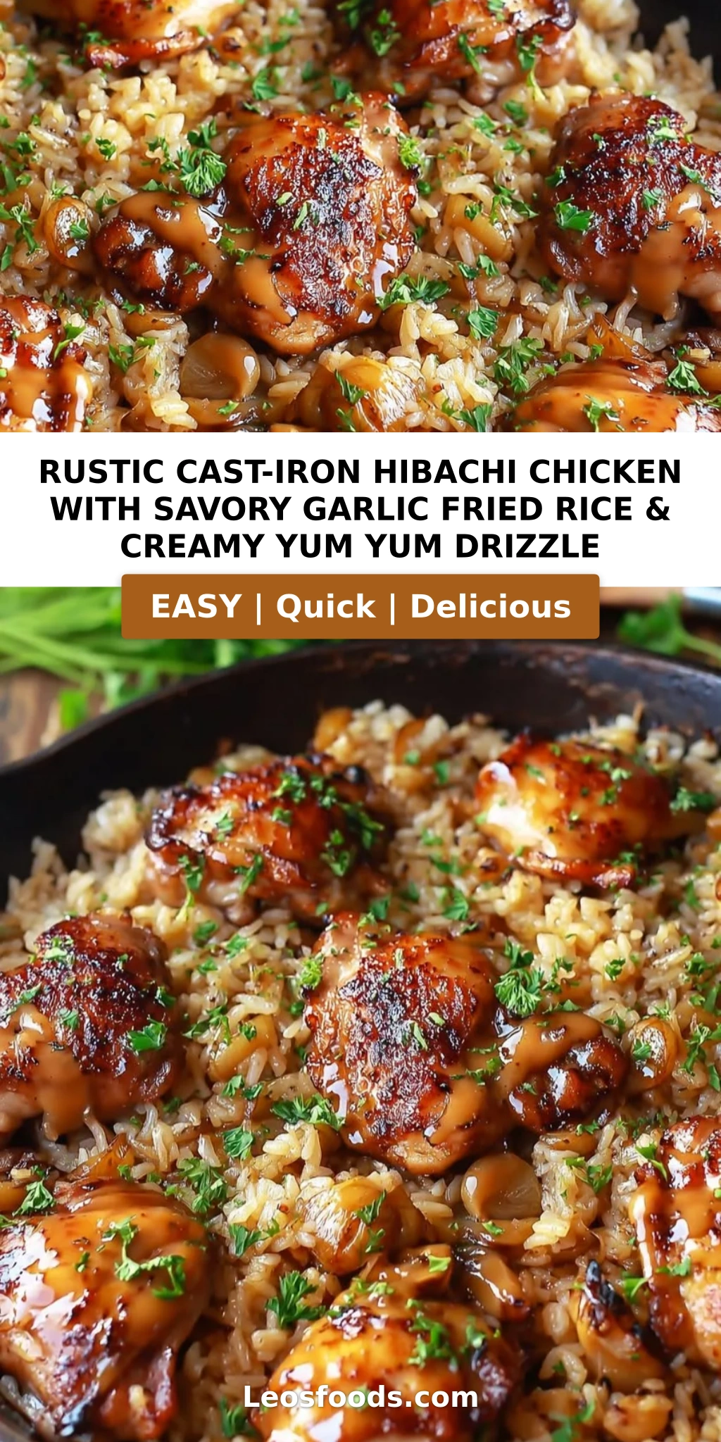 Rustic Cast-Iron Hibachi Chicken with Savory Garlic Fried Rice & Creamy Yum Yum Drizzle