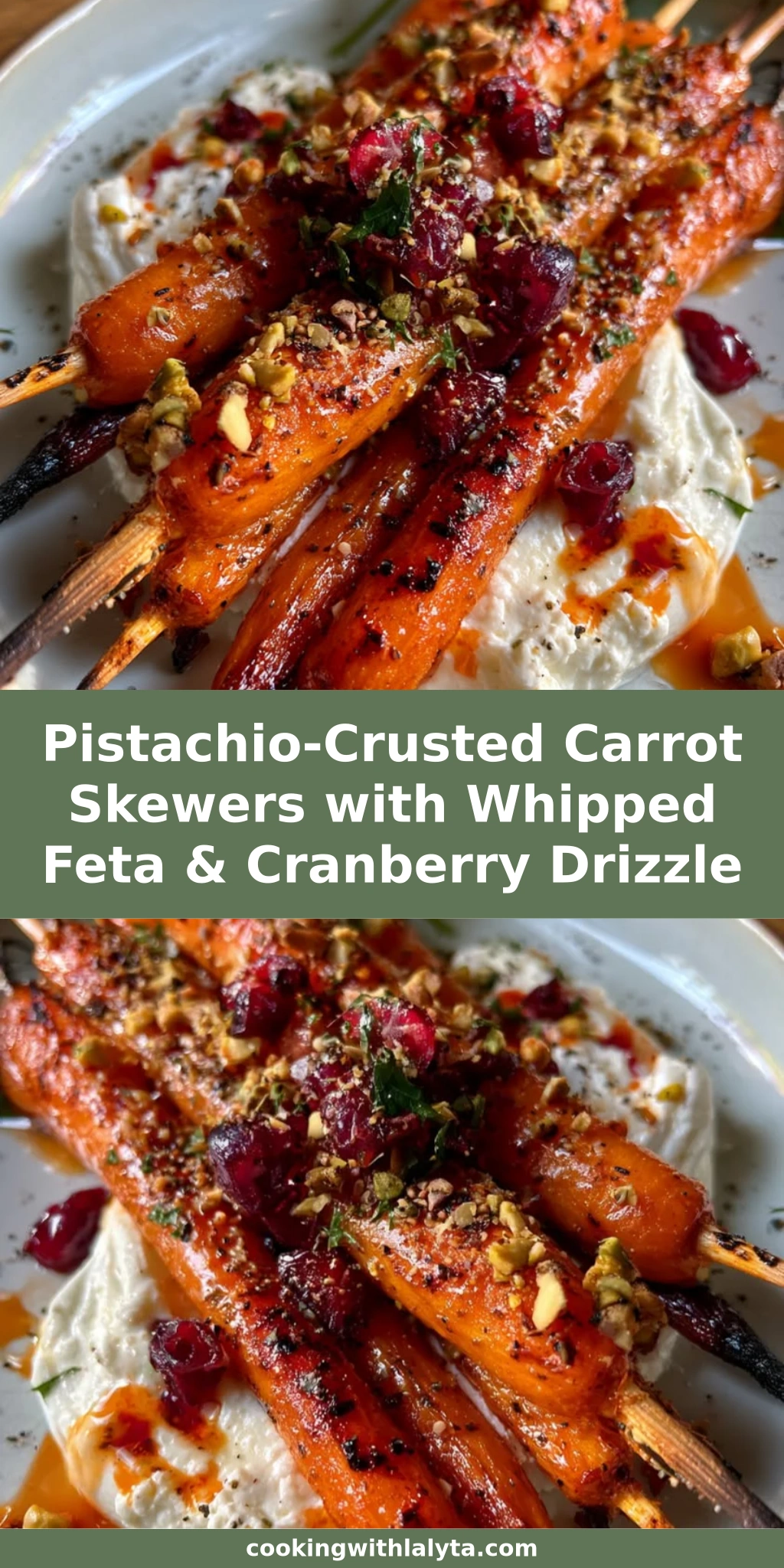 Pistachio-Crusted Carrot Skewers with Whipped Feta & Cranberry Drizzle