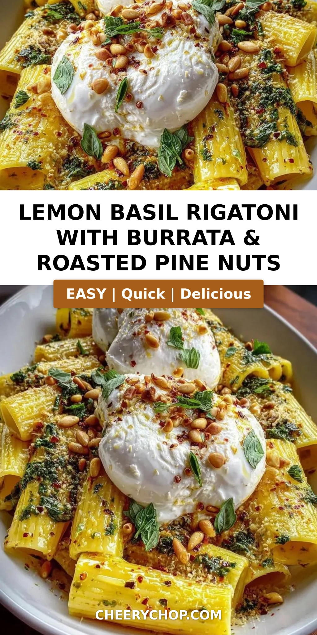 Lemon Basil Rigatoni with Burrata & Roasted Pine Nuts