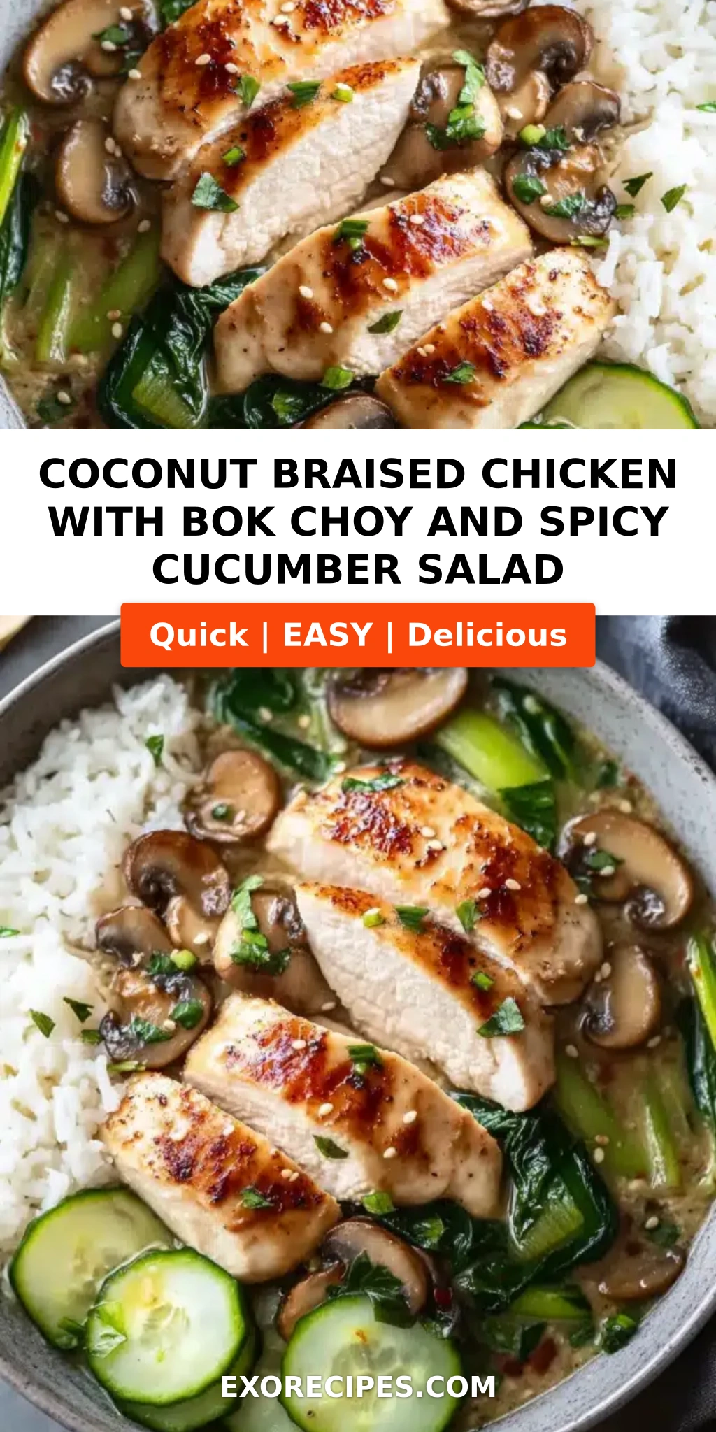 Coconut Braised Chicken with Bok Choy and Spicy Cucumber Sesame Salad