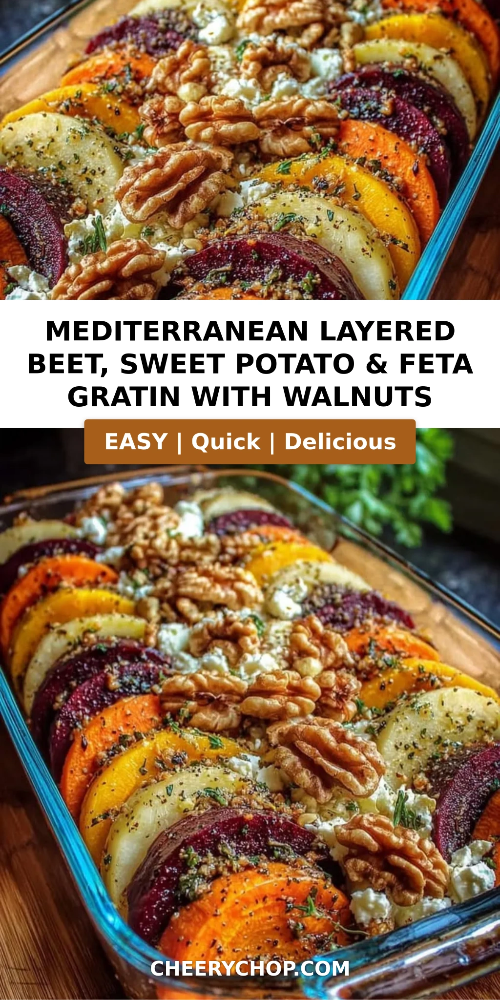 Mediterranean Layered Beet, Sweet Potato & Feta Gratin with Walnuts