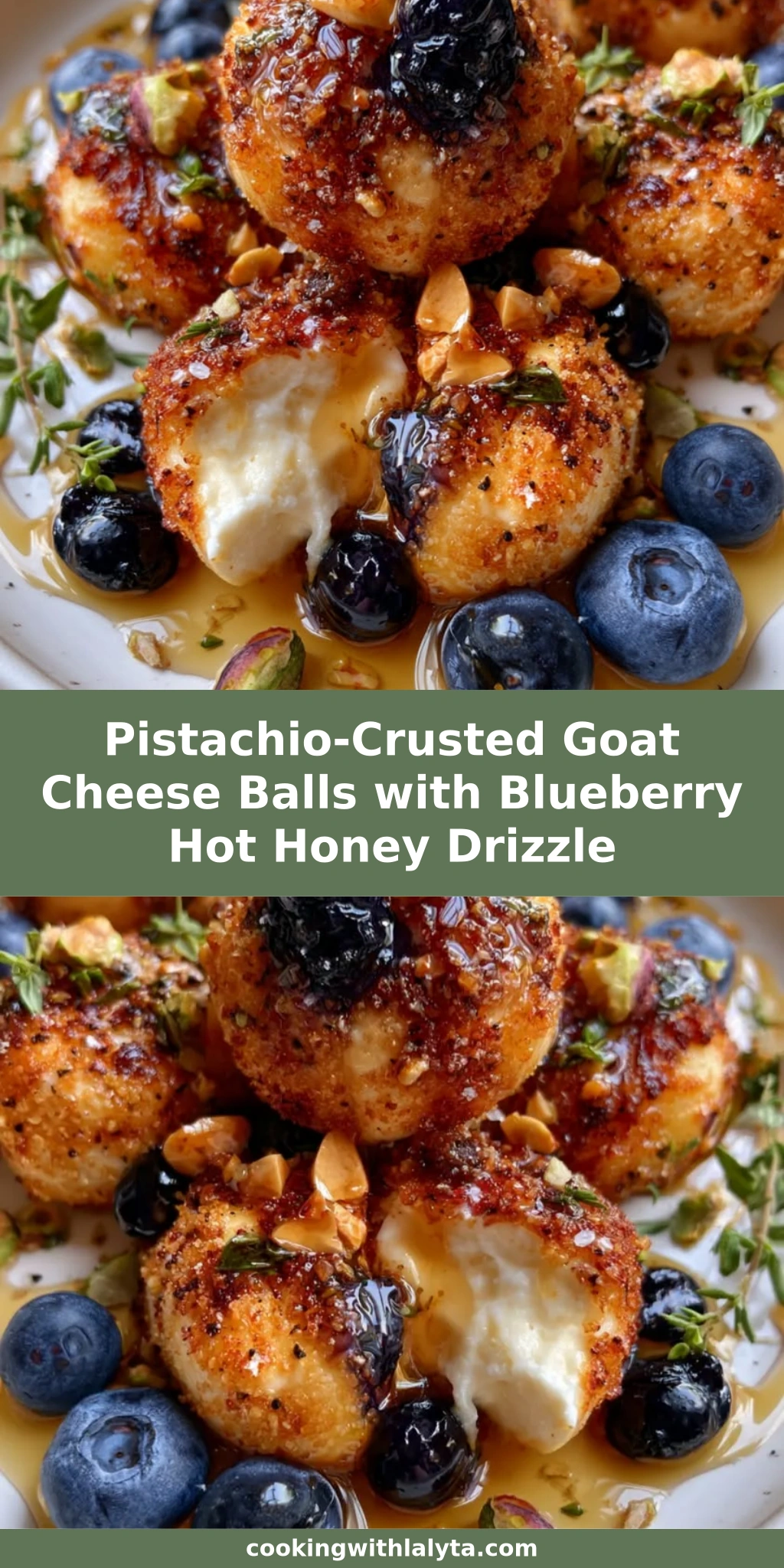 Pistachio-Crusted Goat Cheese Balls with Blueberry Hot Honey Drizzle
