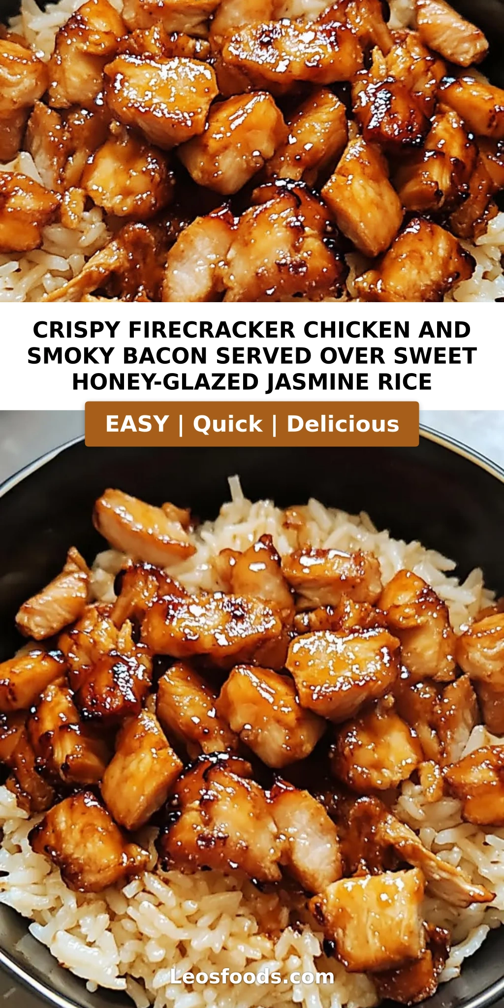 Crispy Firecracker Chicken and Smoky Bacon Served over Sweet Honey-Glazed Jasmine Rice