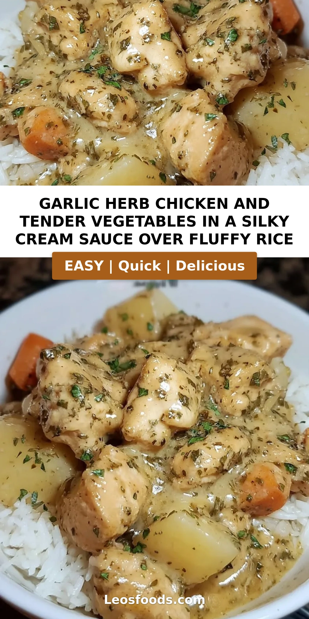 Garlic Herb Chicken and Tender Vegetables in a Silky Cream Sauce over Fluffy Rice