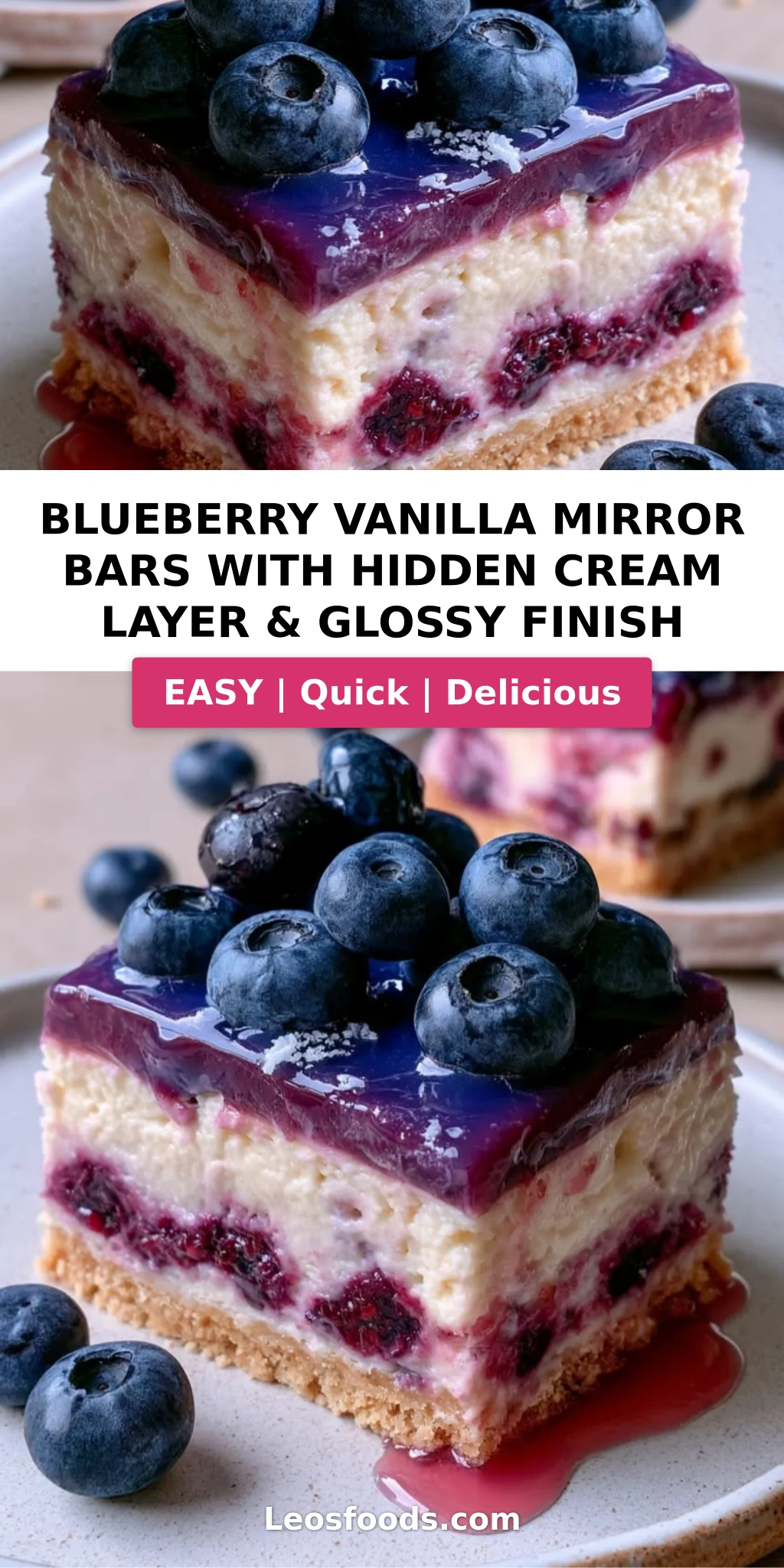 Blueberry Vanilla Mirror Bars with Hidden Cream Layer & Glossy Finish