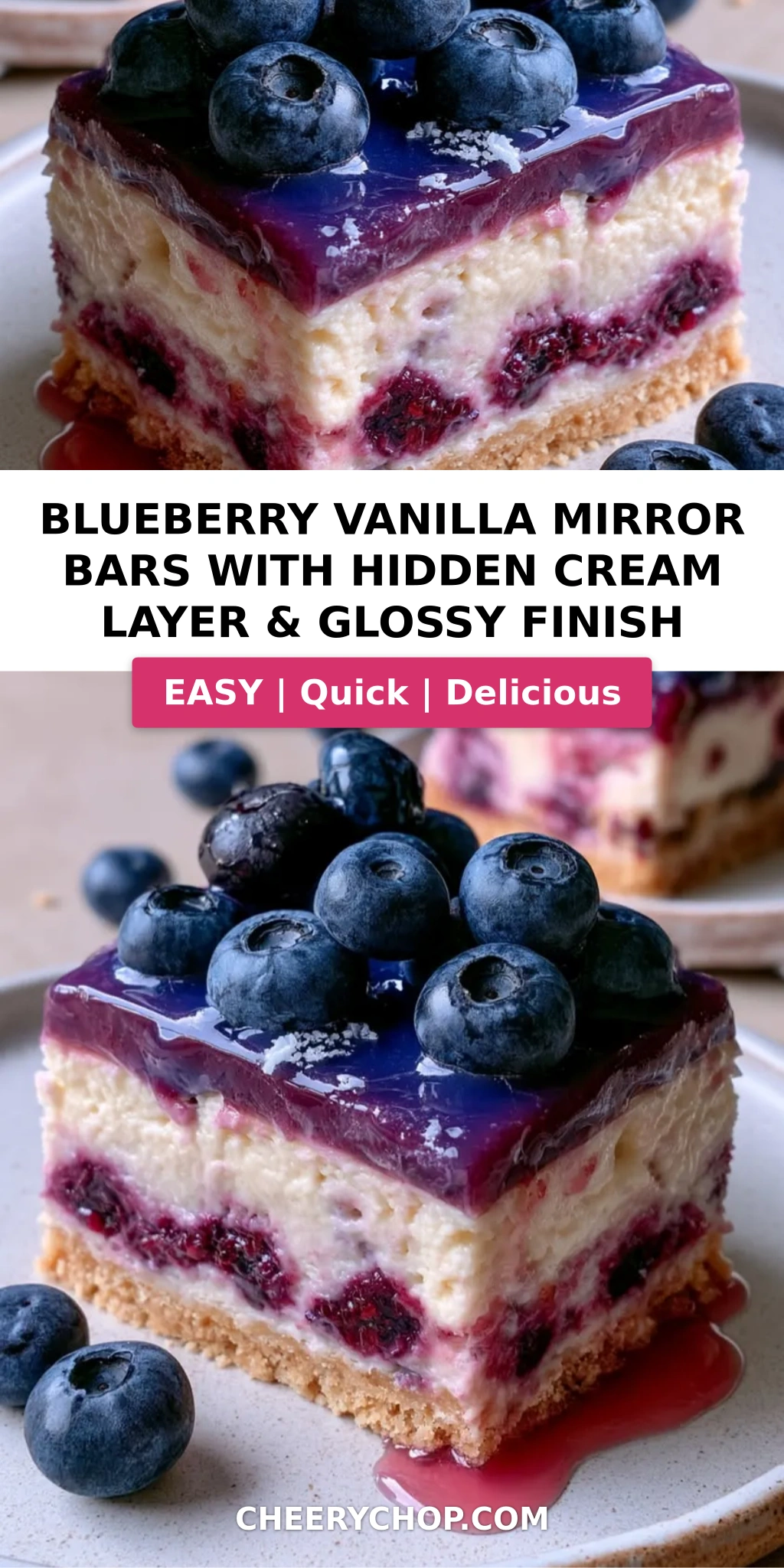 Blueberry Vanilla Mirror Bars with Hidden Cream Layer & Glossy Finish