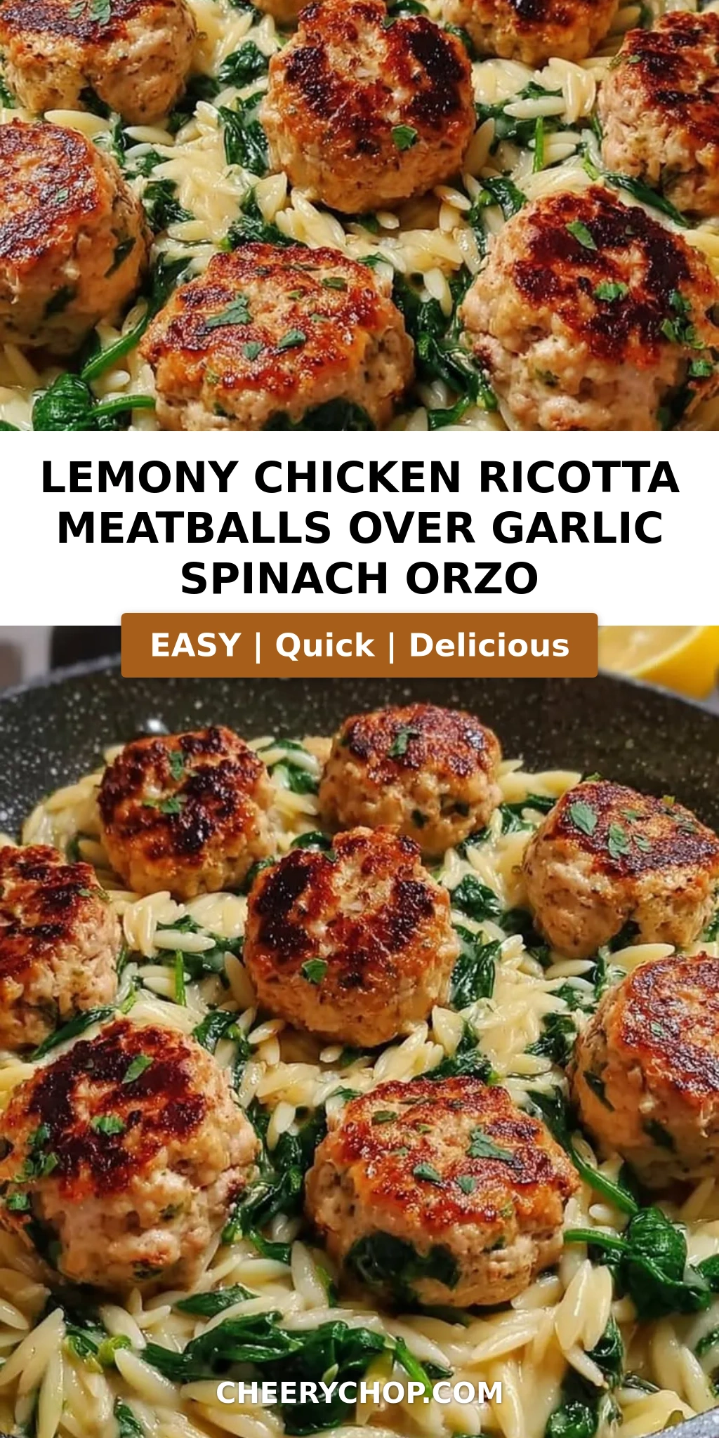 Lemony Chicken Ricotta Meatballs Over Garlic Spinach Orzo