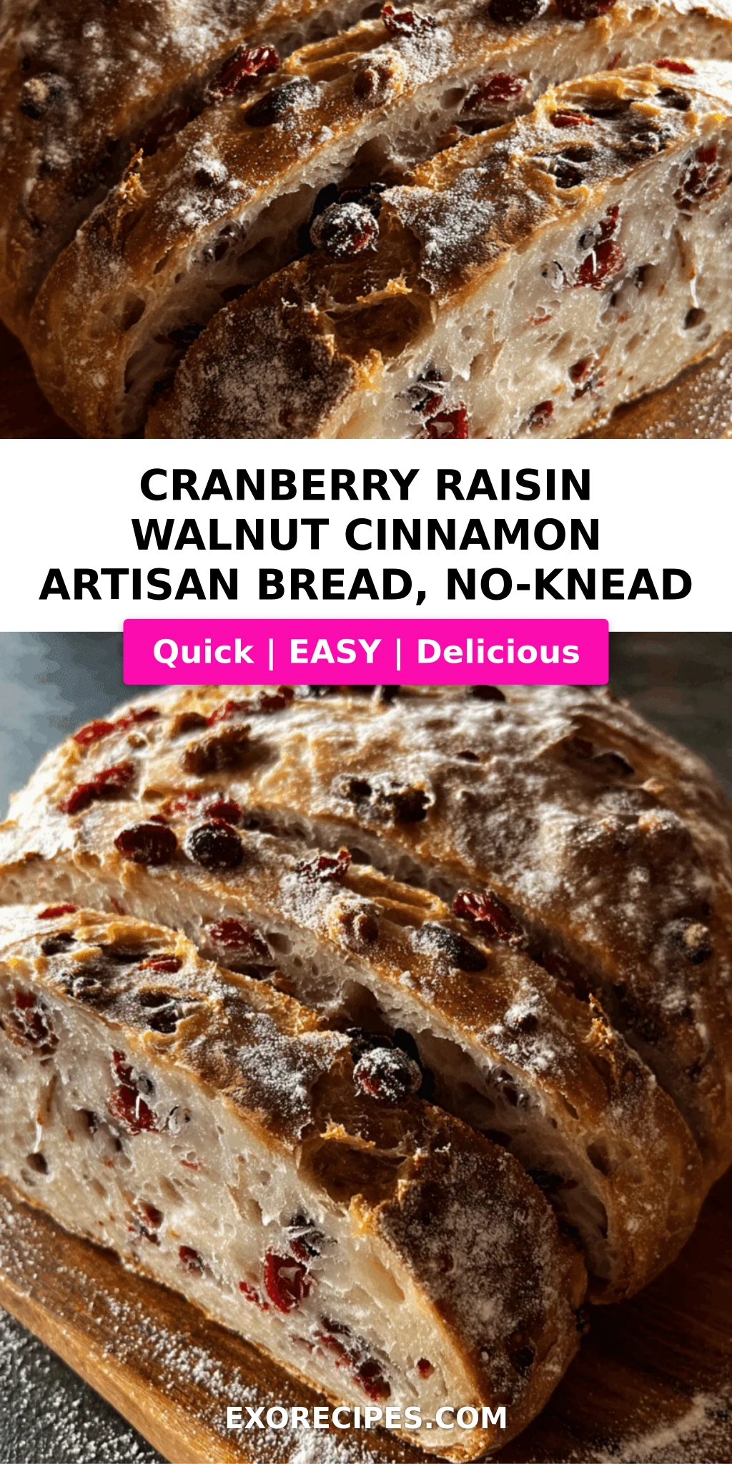 Cranberry Raisin Walnut Cinnamon Artisan Bread Rustic No-Knead Favorite