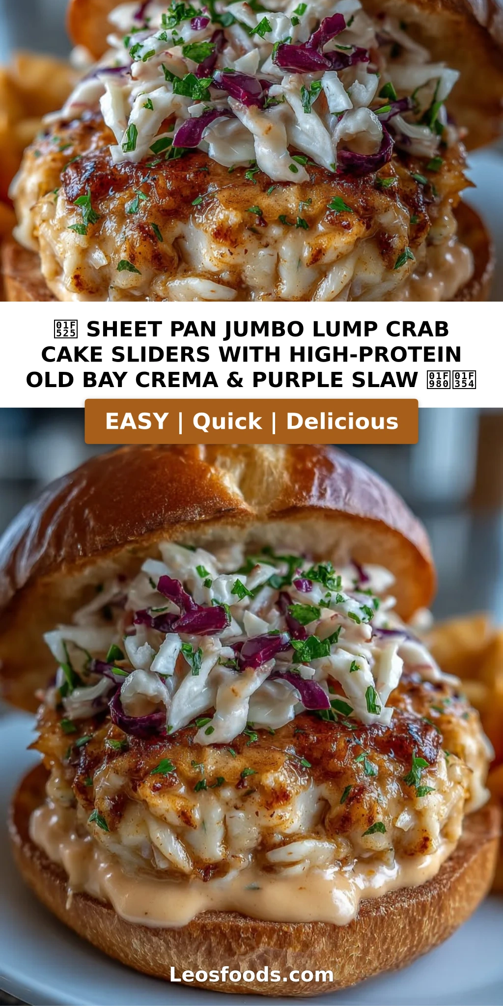 🔥 Sheet Pan Jumbo Lump Crab Cake Sliders with High-Protein Old Bay Crema & Purple Slaw 🦀🍔