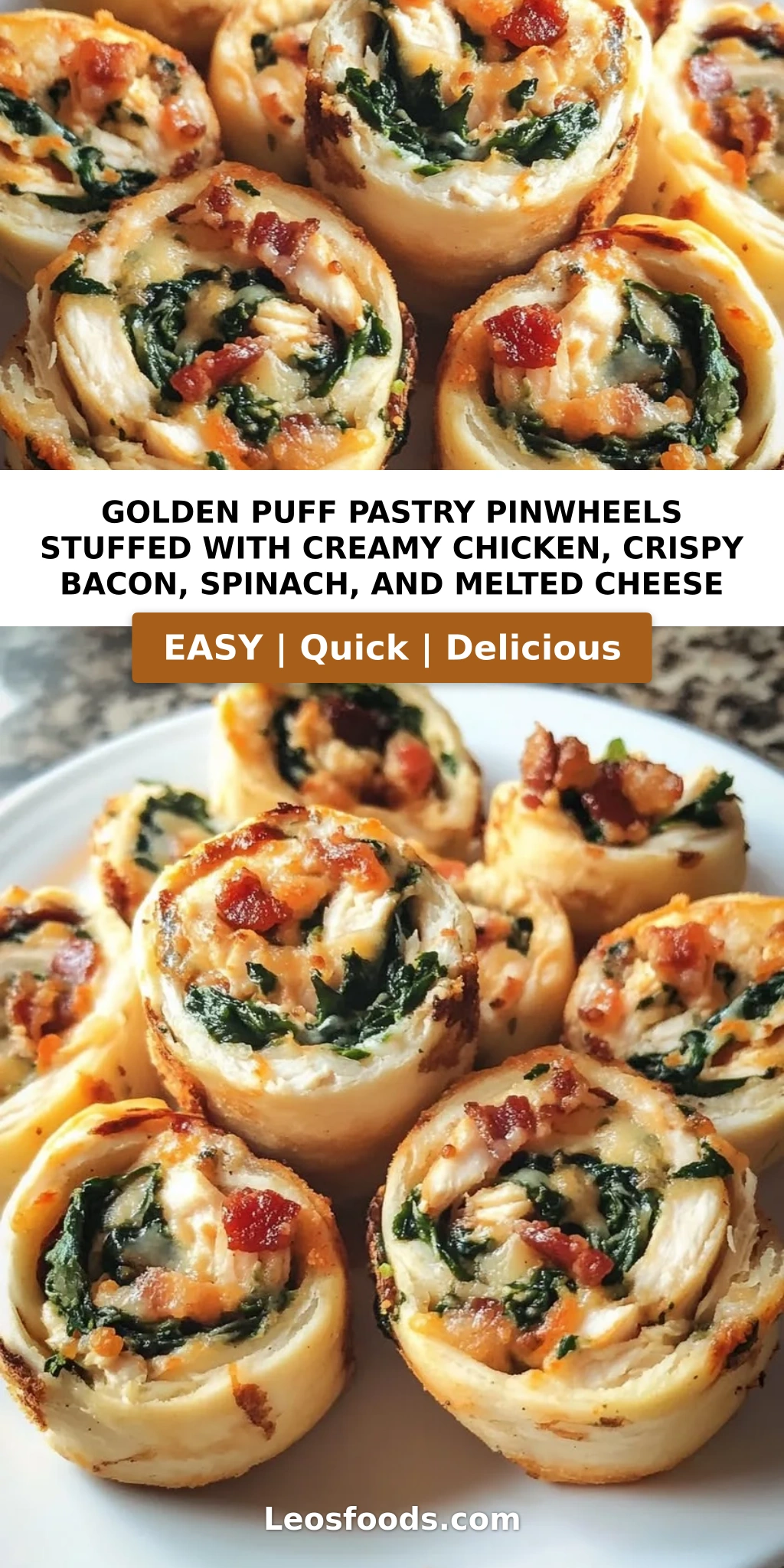 Golden Puff Pastry Pinwheels Stuffed with Creamy Chicken, Crispy Bacon, Spinach, and Melted Cheese